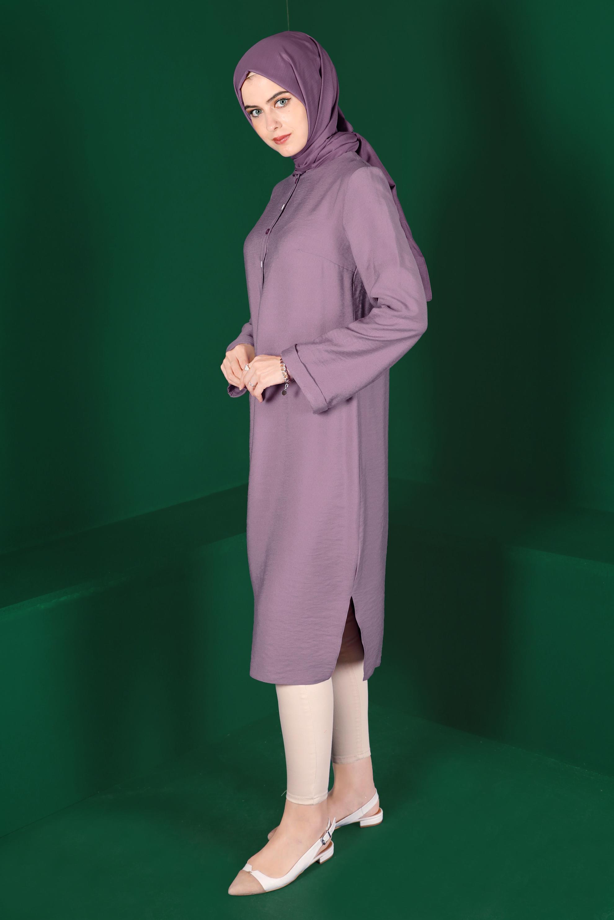 Tesettür giyim MOR RENKLİ DÜĞMELİ UZUN TUNİK 42914