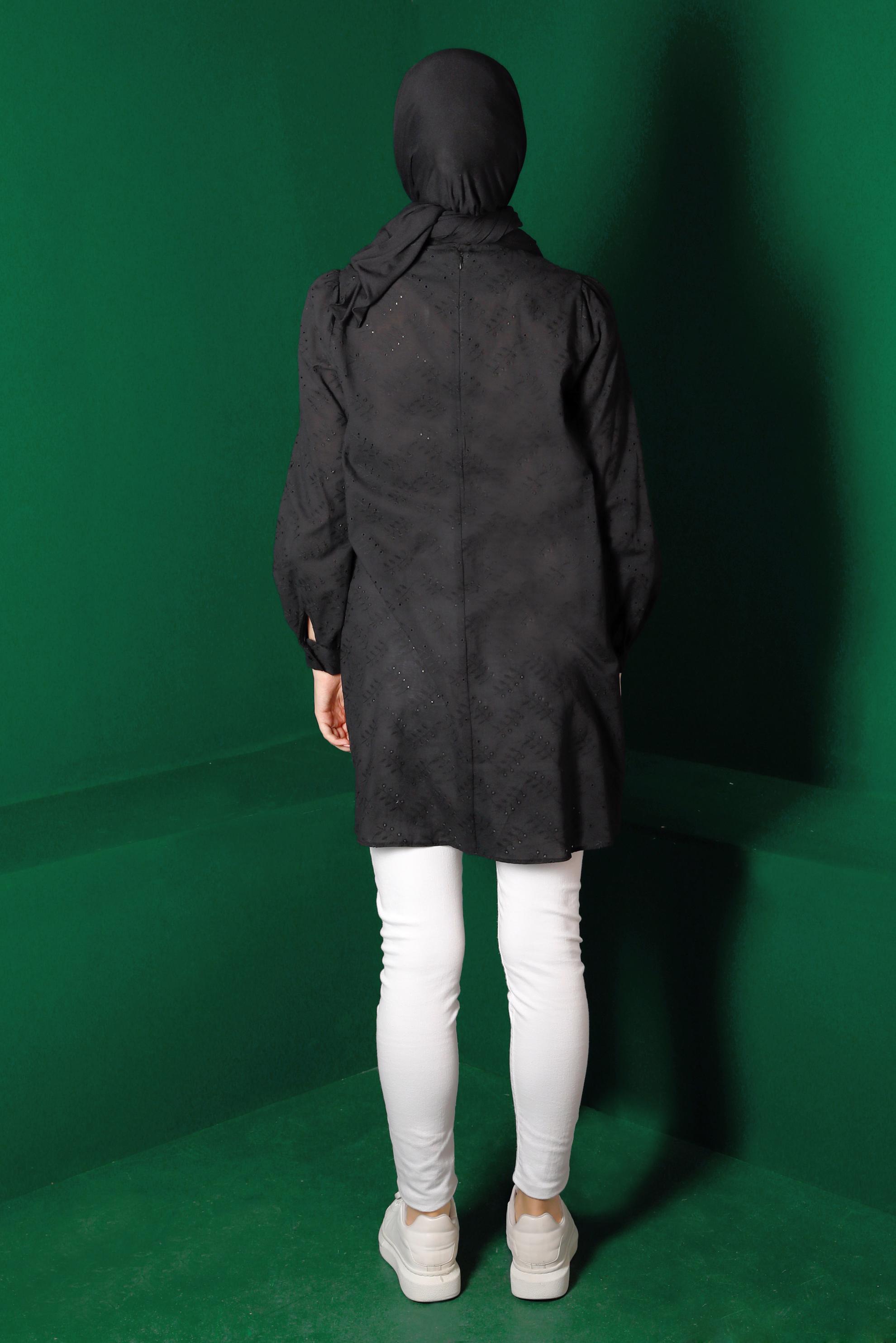 Tesettür giyim SİYAH BOYUNDAN BAĞLAMALI FİSTOLU TUNİK 42927 