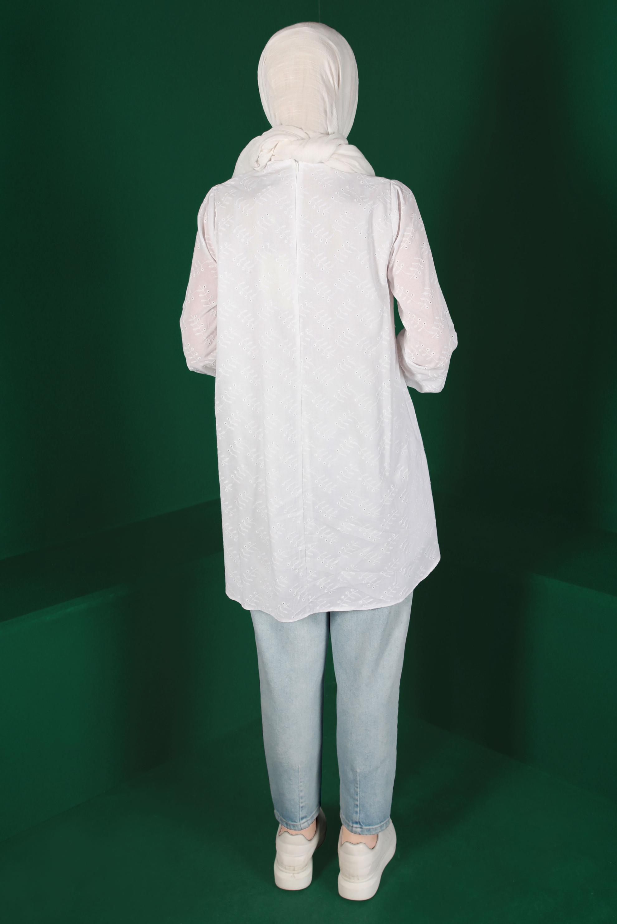 Tesettür giyim BEYAZ BOYUNDAN BAĞLAMALI FİSTOLU TUNİK 42927 