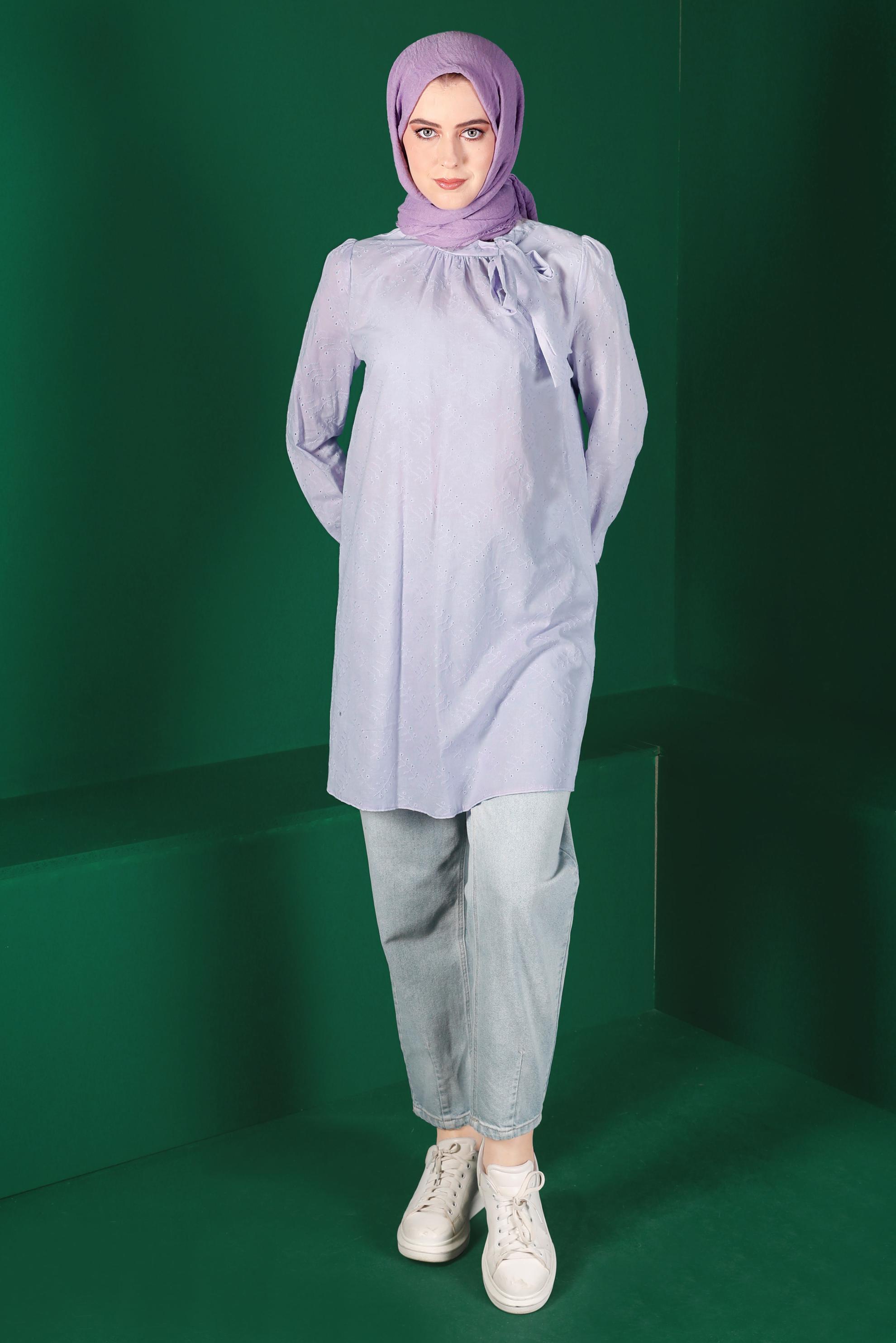 Tesettür giyim MOR BOYUNDAN BAĞLAMALI FİSTOLU TUNİK 42927 