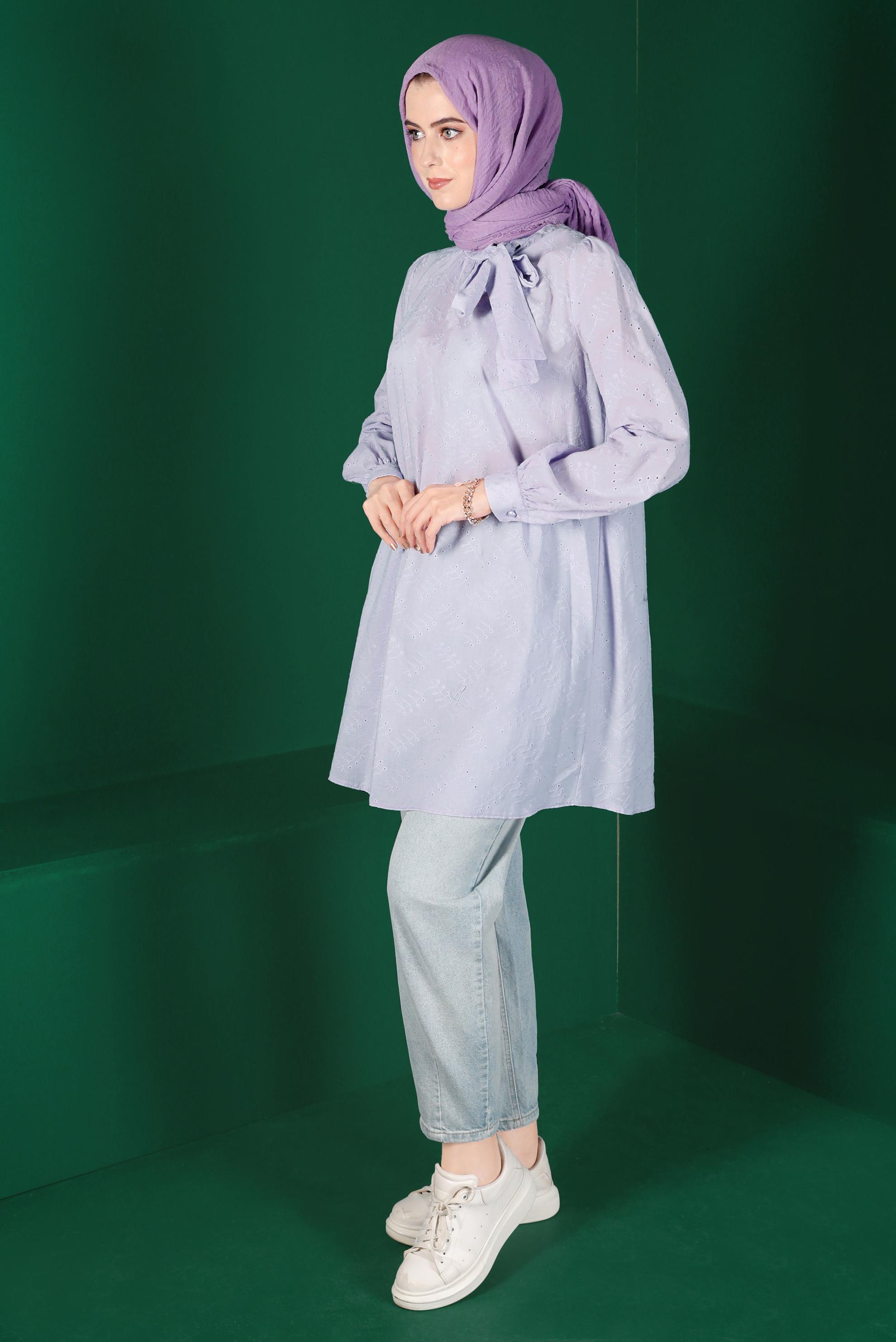 Tesettür giyim MOR BOYUNDAN BAĞLAMALI FİSTOLU TUNİK 42927 