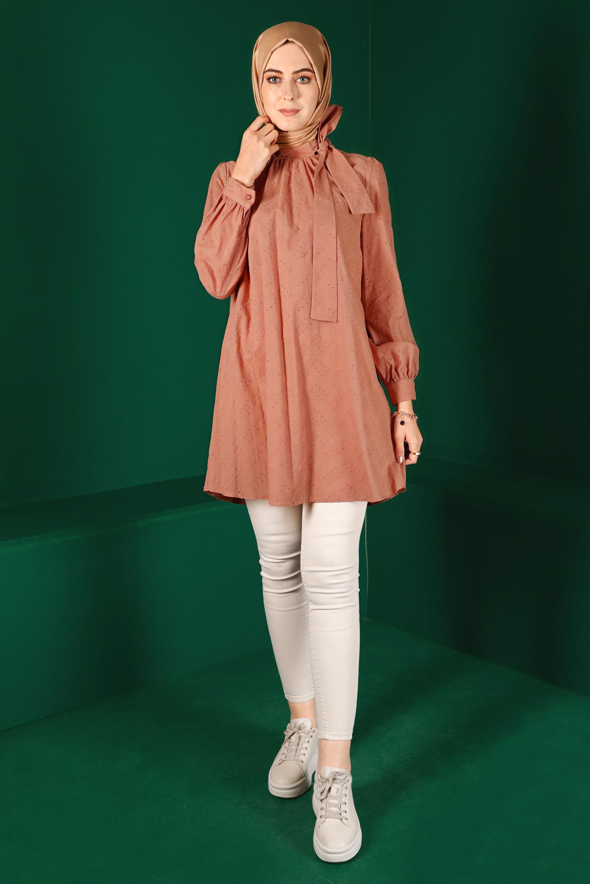 Tesettür giyim PEMBE BOYUNDAN BAĞLAMALI FİSTOLU TUNİK 42927 