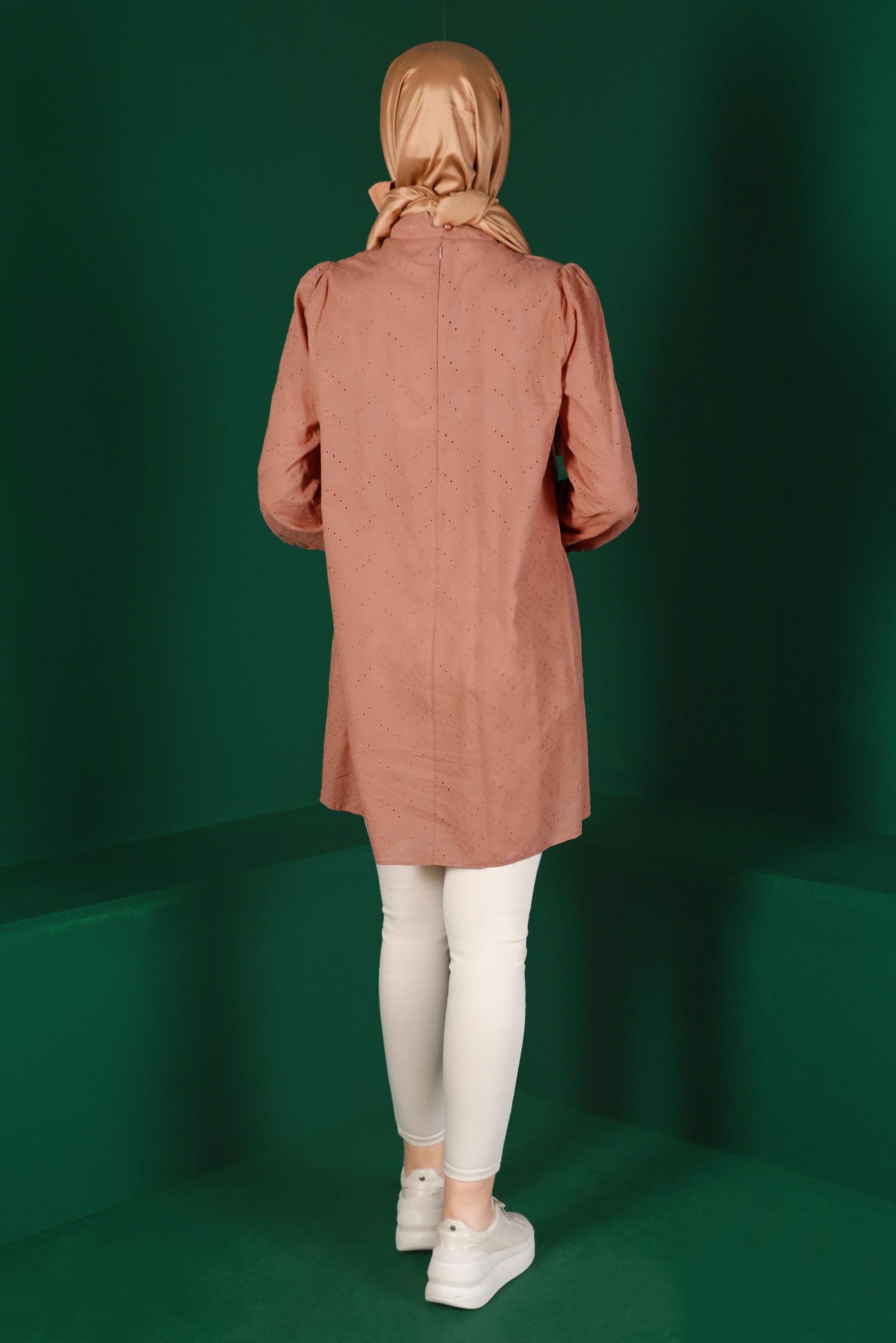 Tesettür giyim PEMBE BOYUNDAN BAĞLAMALI FİSTOLU TUNİK 42927 