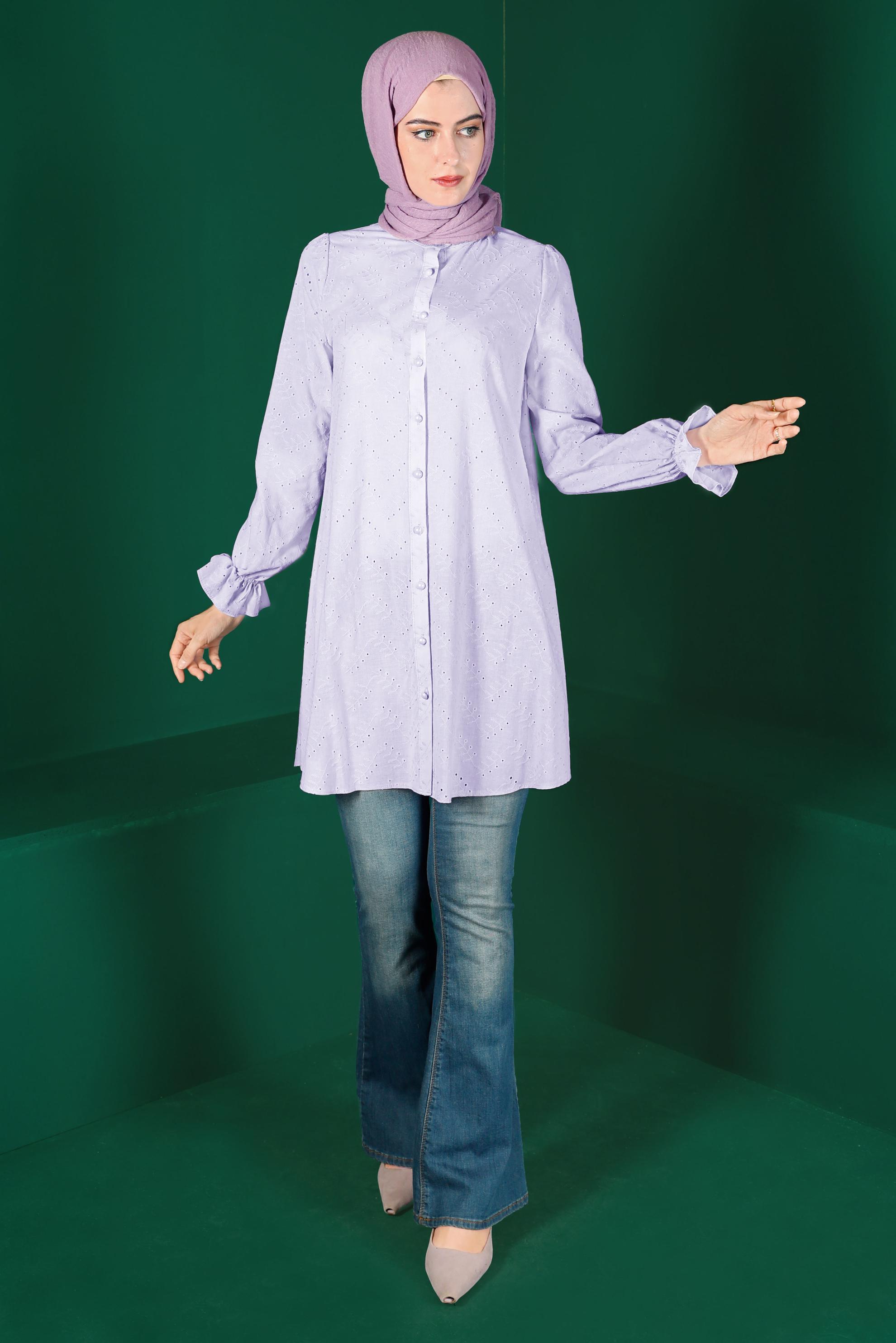 Tesettür giyim MOR MANŞETLERİ LASTİKLİ FİSTOLU PAMUKLU TUNİK 42928 