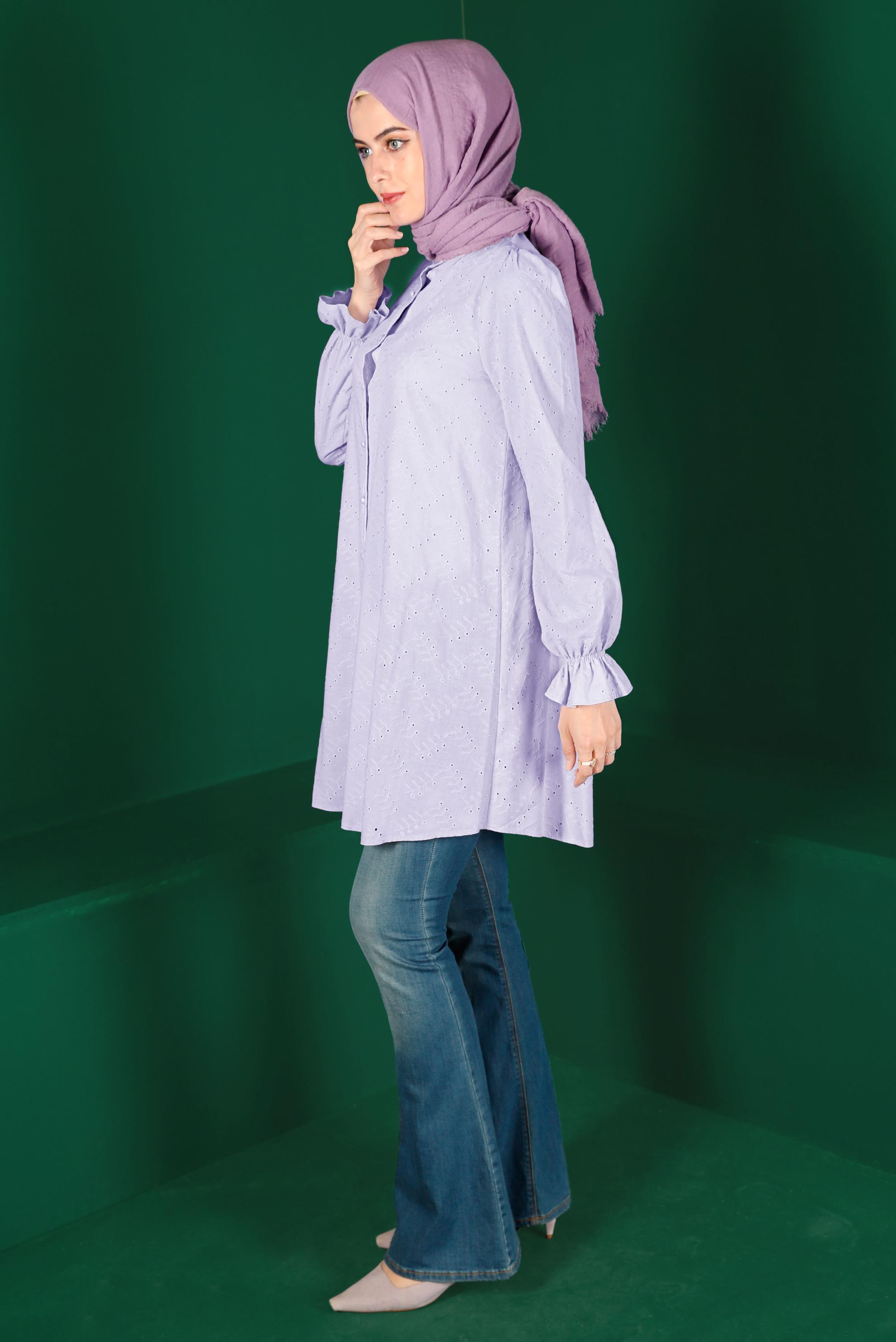 Tesettür giyim MOR MANŞETLERİ LASTİKLİ FİSTOLU PAMUKLU TUNİK 42928 