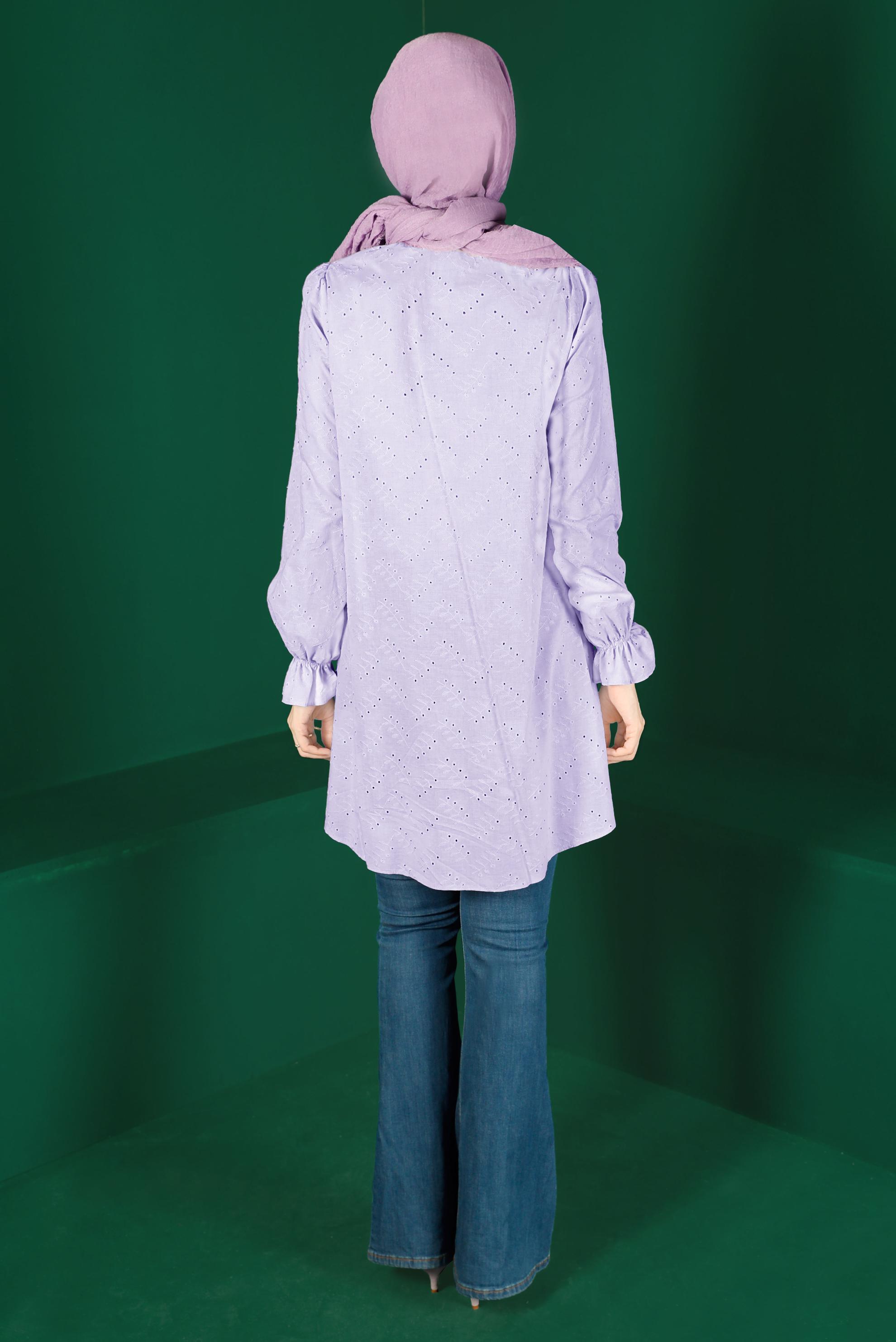 Tesettür giyim MOR MANŞETLERİ LASTİKLİ FİSTOLU PAMUKLU TUNİK 42928 