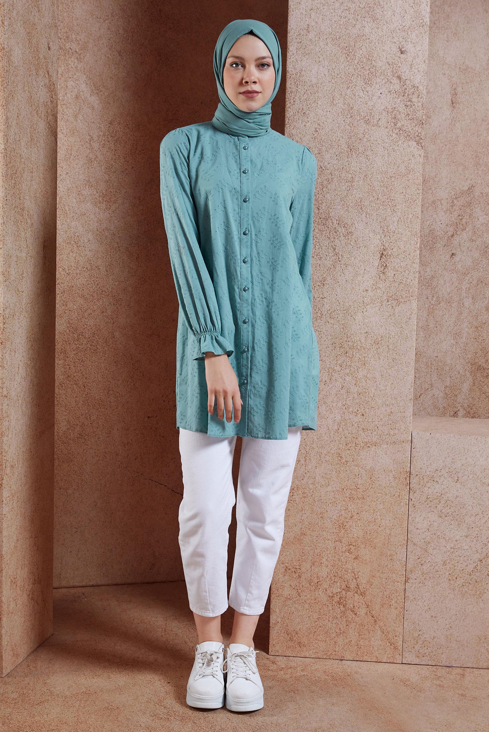 Tesettür giyim MAVİ MANŞETLERİ LASTİKLİ FİSTOLU PAMUKLU TUNİK 42928 