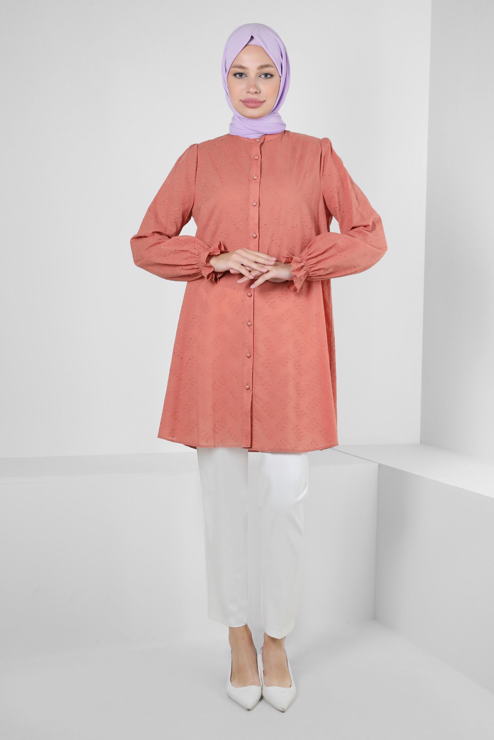 Tesettür giyim PEMBE MANŞETLERİ LASTİKLİ FİSTOLU PAMUKLU TUNİK 42928 