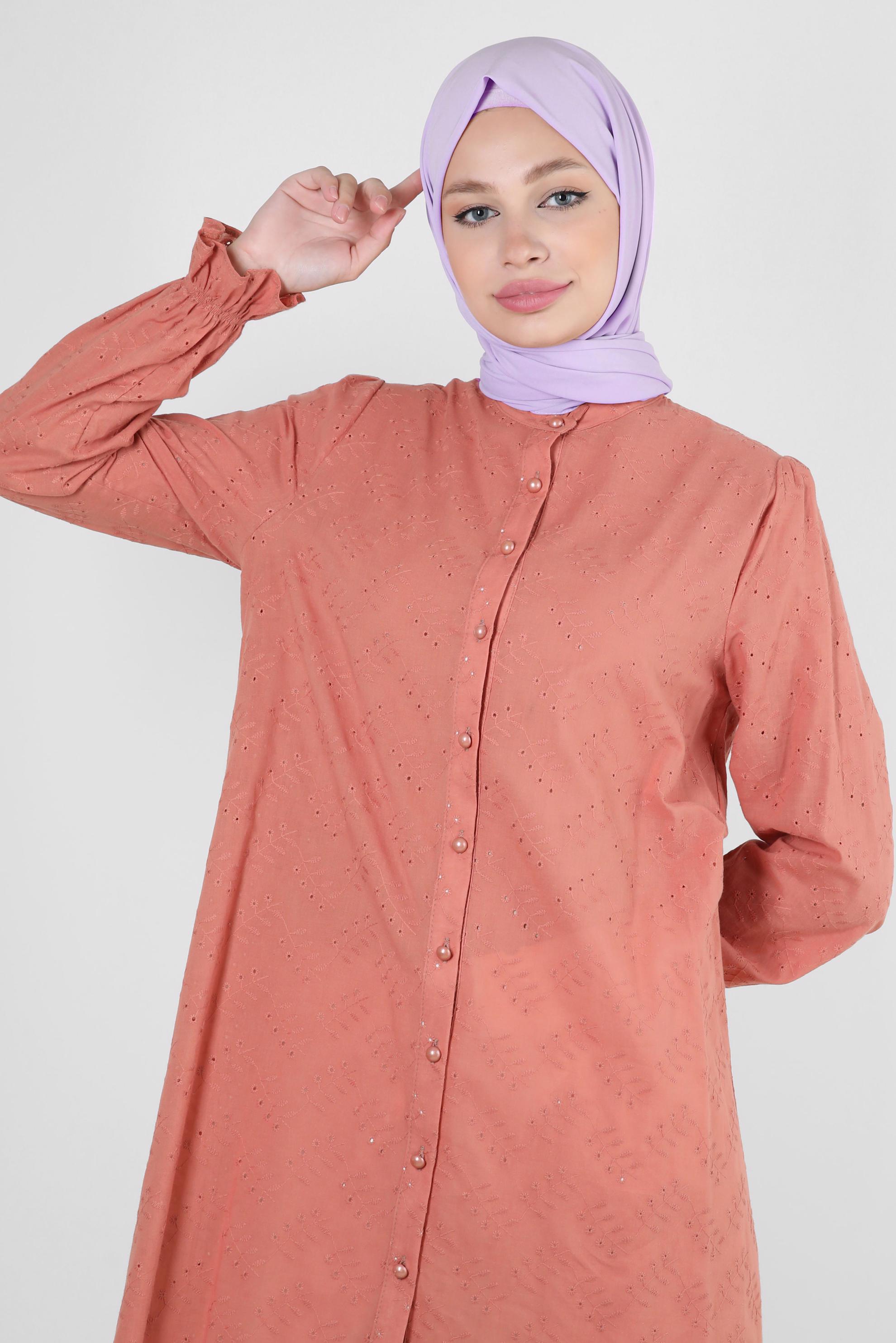 Tesettür giyim PEMBE MANŞETLERİ LASTİKLİ FİSTOLU PAMUKLU TUNİK 42928 