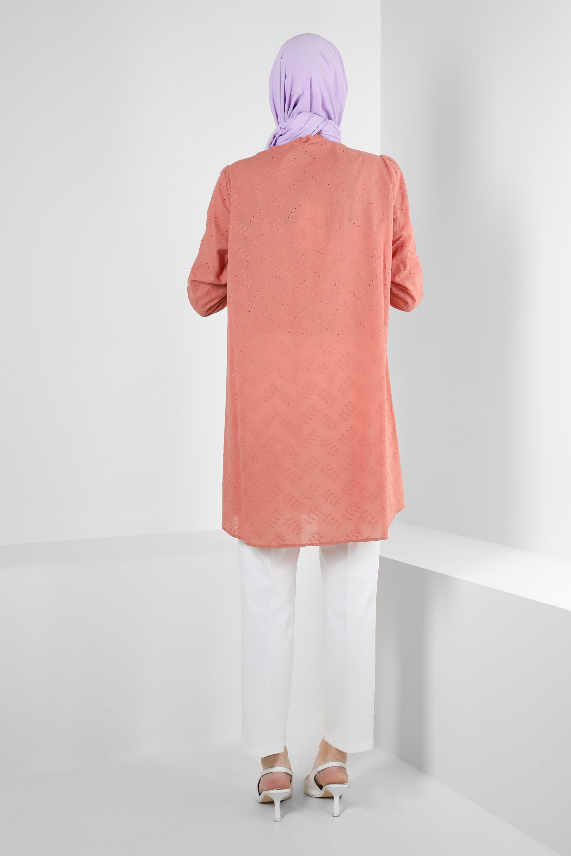 Tesettür giyim PEMBE MANŞETLERİ LASTİKLİ FİSTOLU PAMUKLU TUNİK 42928 