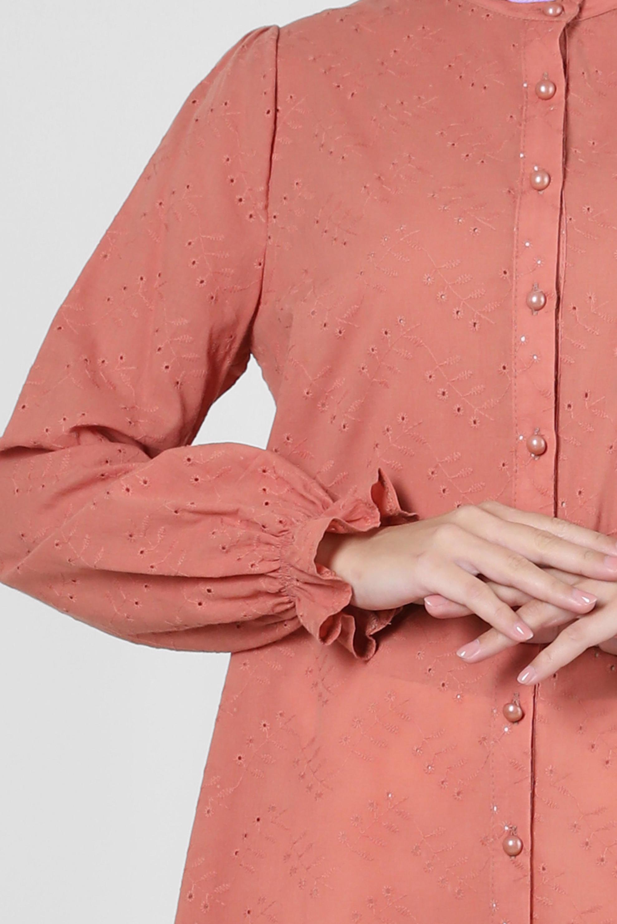 Tesettür giyim PEMBE MANŞETLERİ LASTİKLİ FİSTOLU PAMUKLU TUNİK 42928 