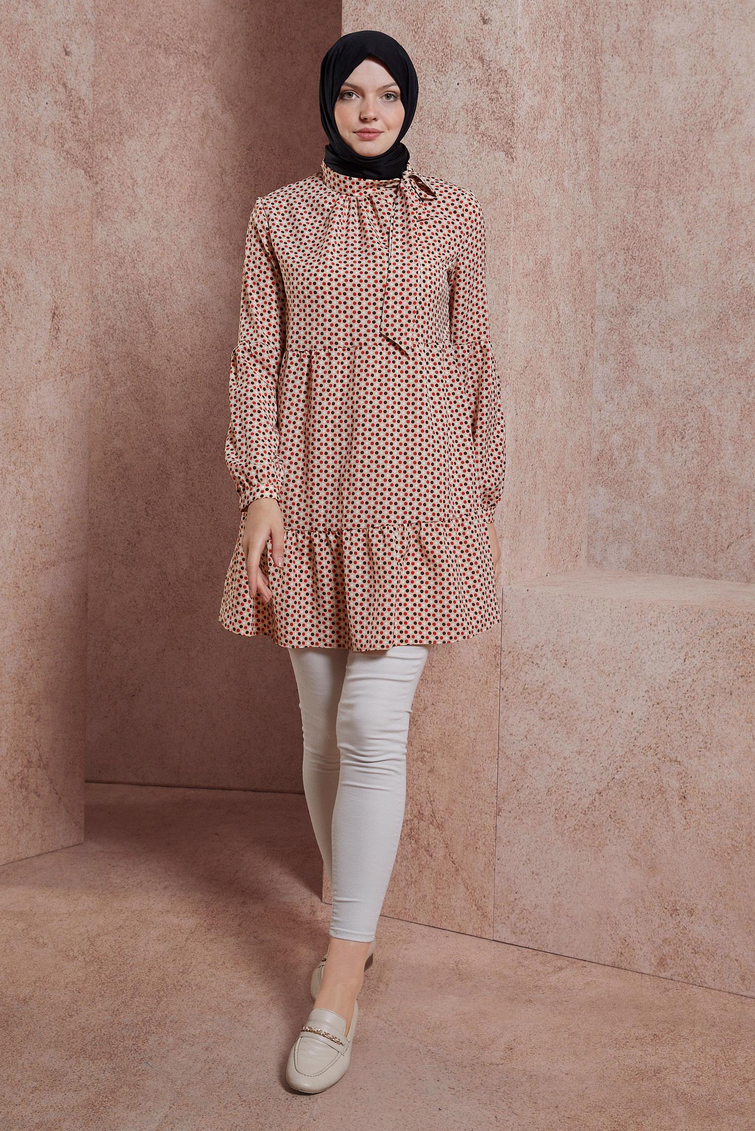 Tesettür giyim BEJ PUANTİYE DESENLİ TUNİK 42932