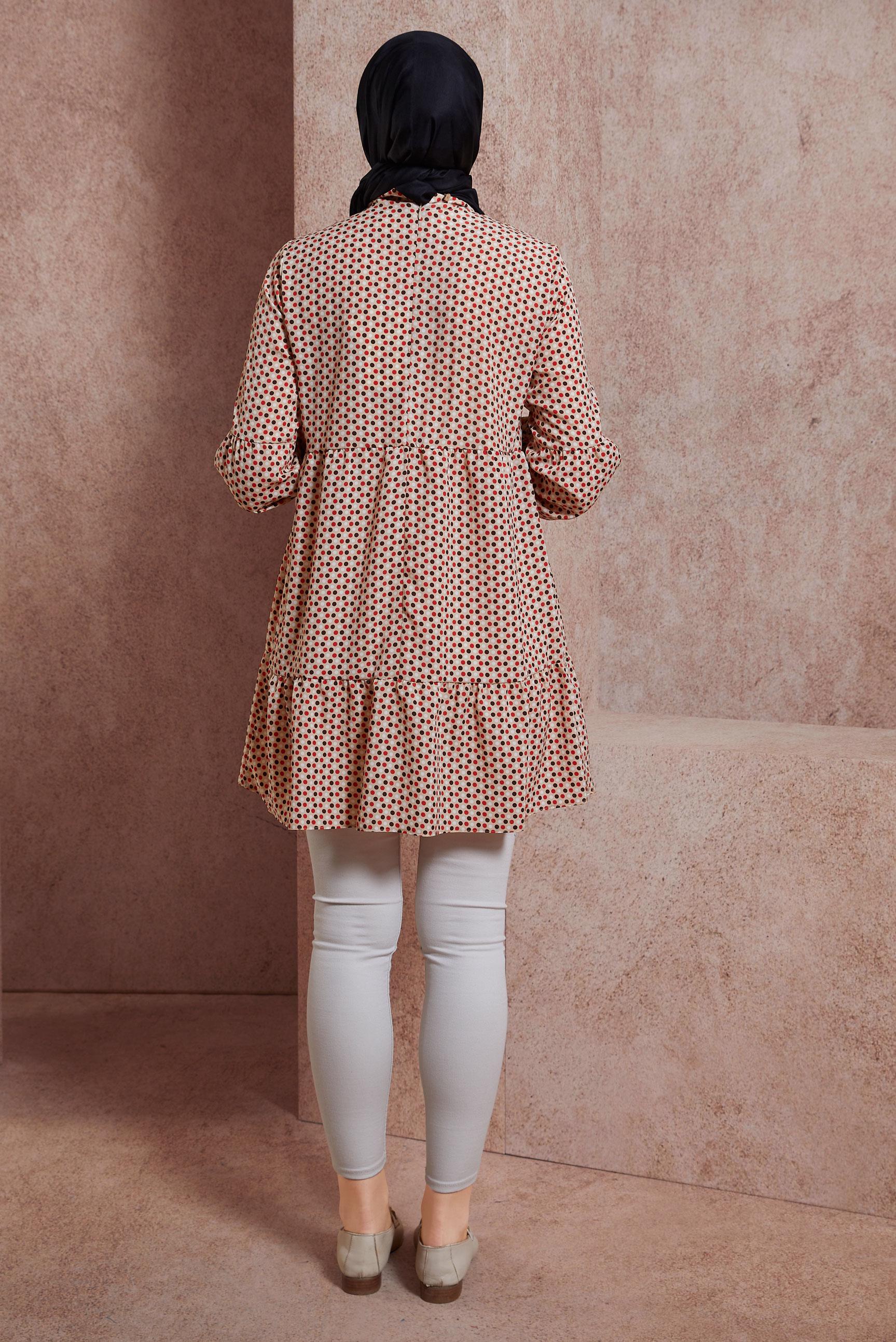 Tesettür giyim BEJ PUANTİYE DESENLİ TUNİK 42932