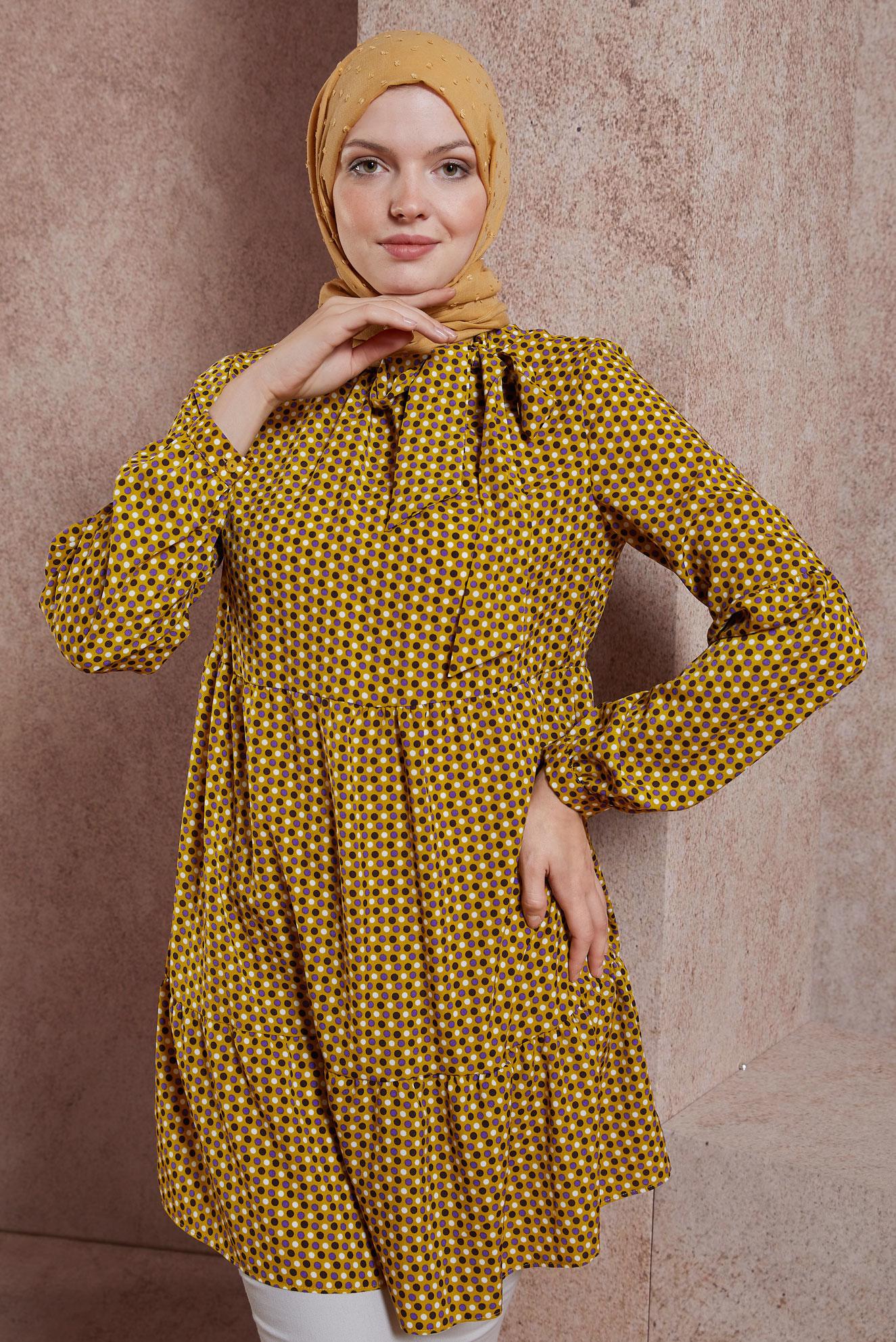 Tesettür giyim YEŞİL PUANTİYE DESENLİ TUNİK 42932