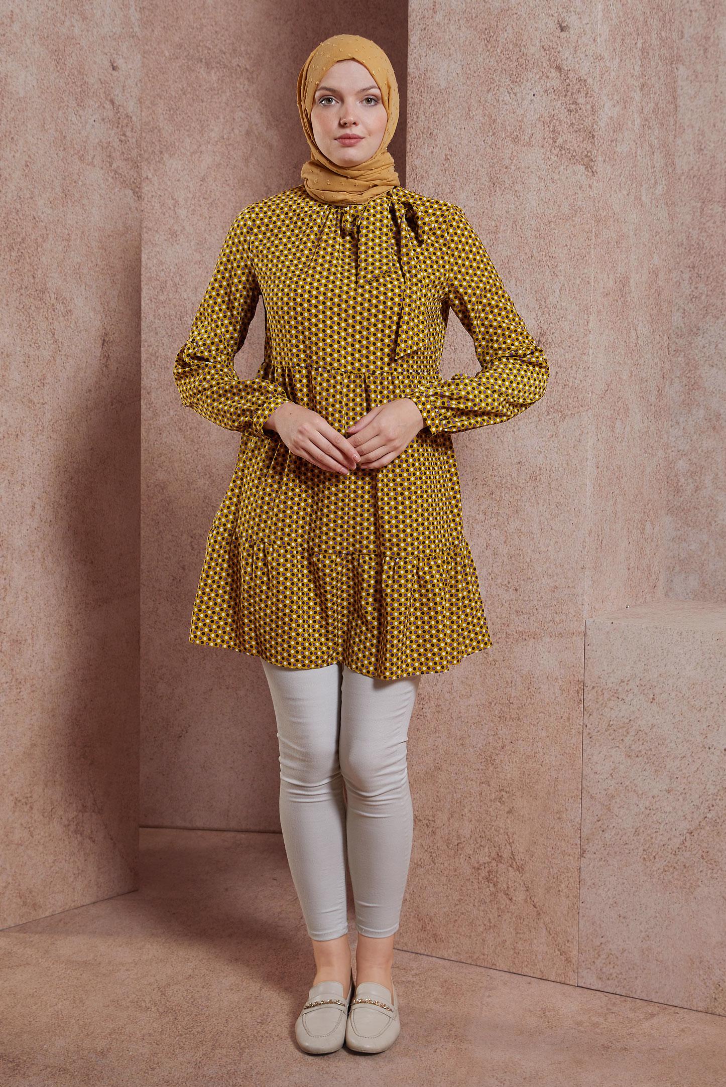 Tesettür giyim YEŞİL PUANTİYE DESENLİ TUNİK 42932