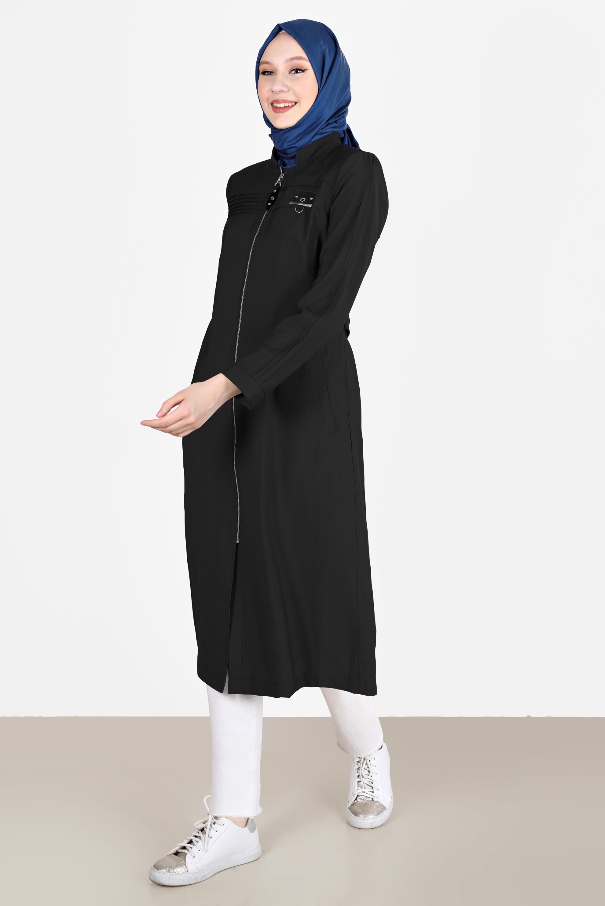 Tesettür giyim SİYAH KUŞAKLI FERMUARLI TRENÇKOT 10552 