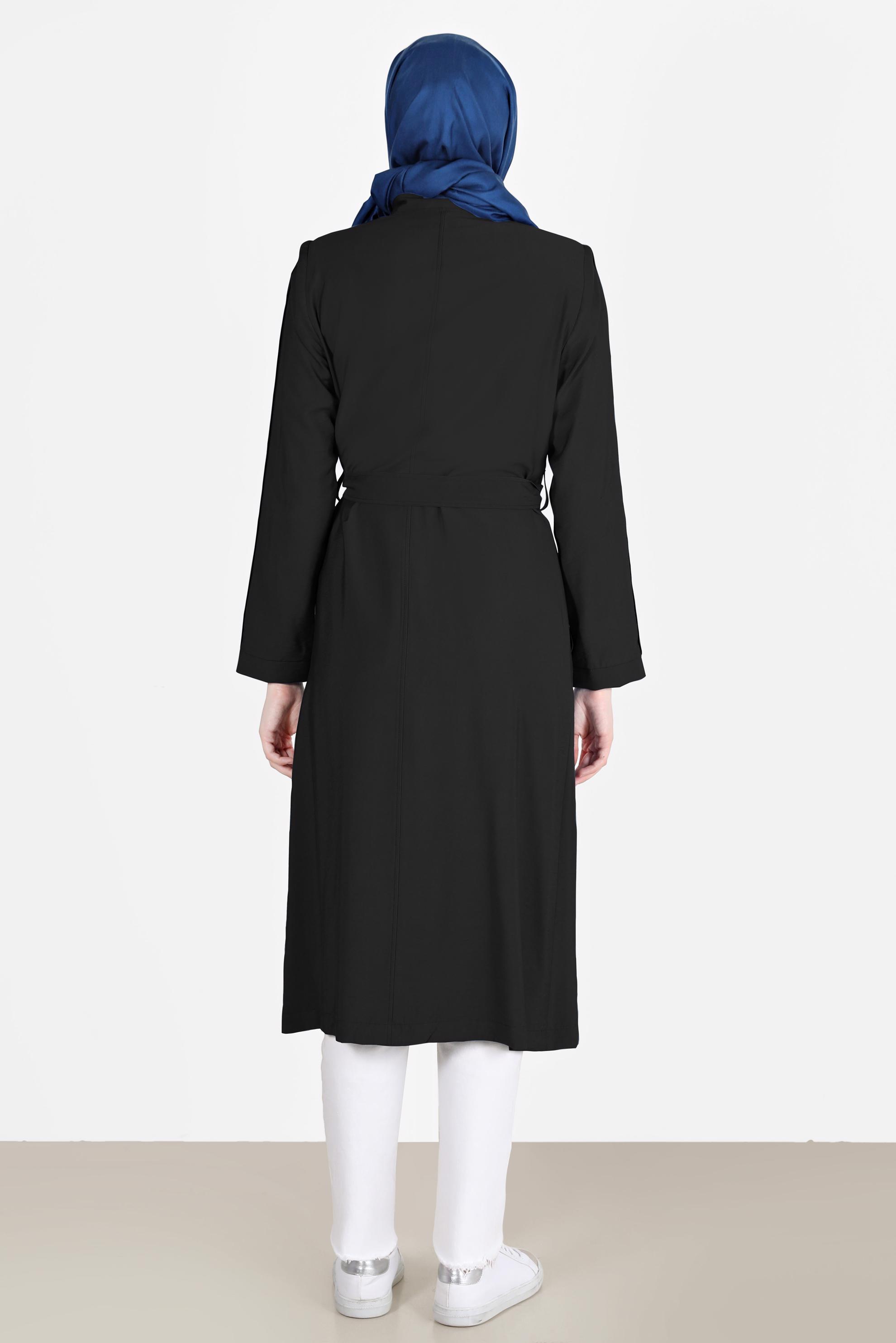 Tesettür giyim SİYAH KUŞAKLI FERMUARLI TRENÇKOT 10552 