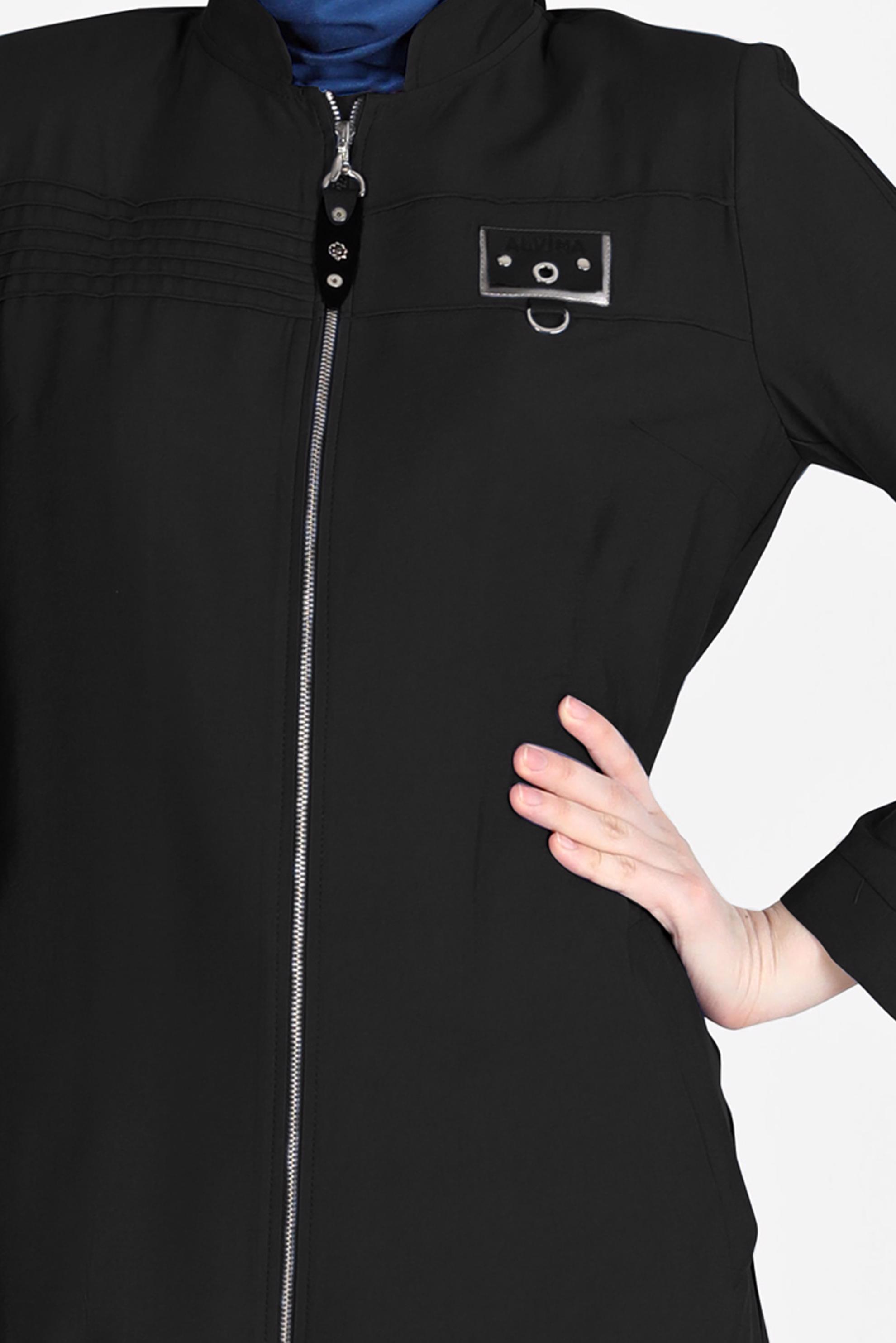 Tesettür giyim SİYAH KUŞAKLI FERMUARLI TRENÇKOT 10552 