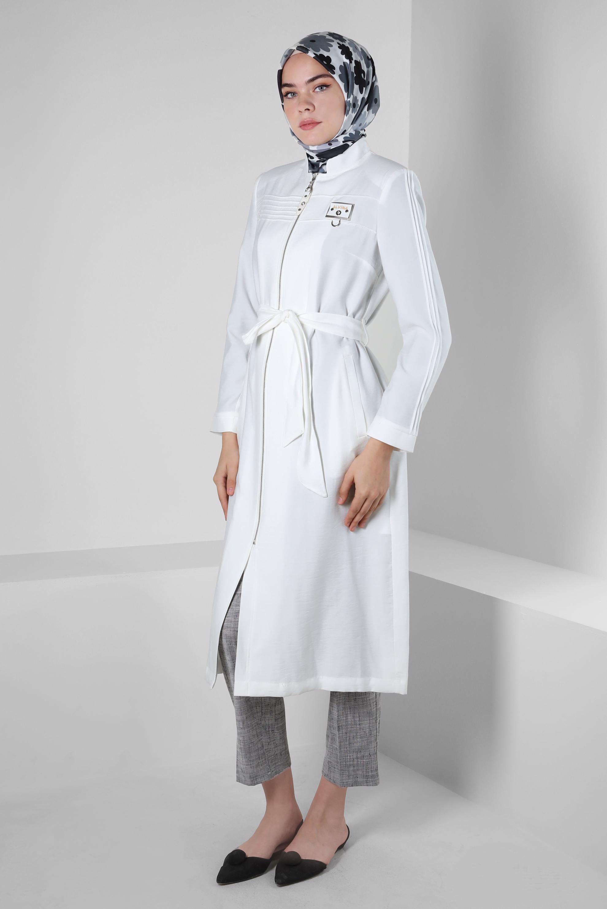 Hijab clothing WHITE BELTED ZIPPERED TRENCH COAT 10552 