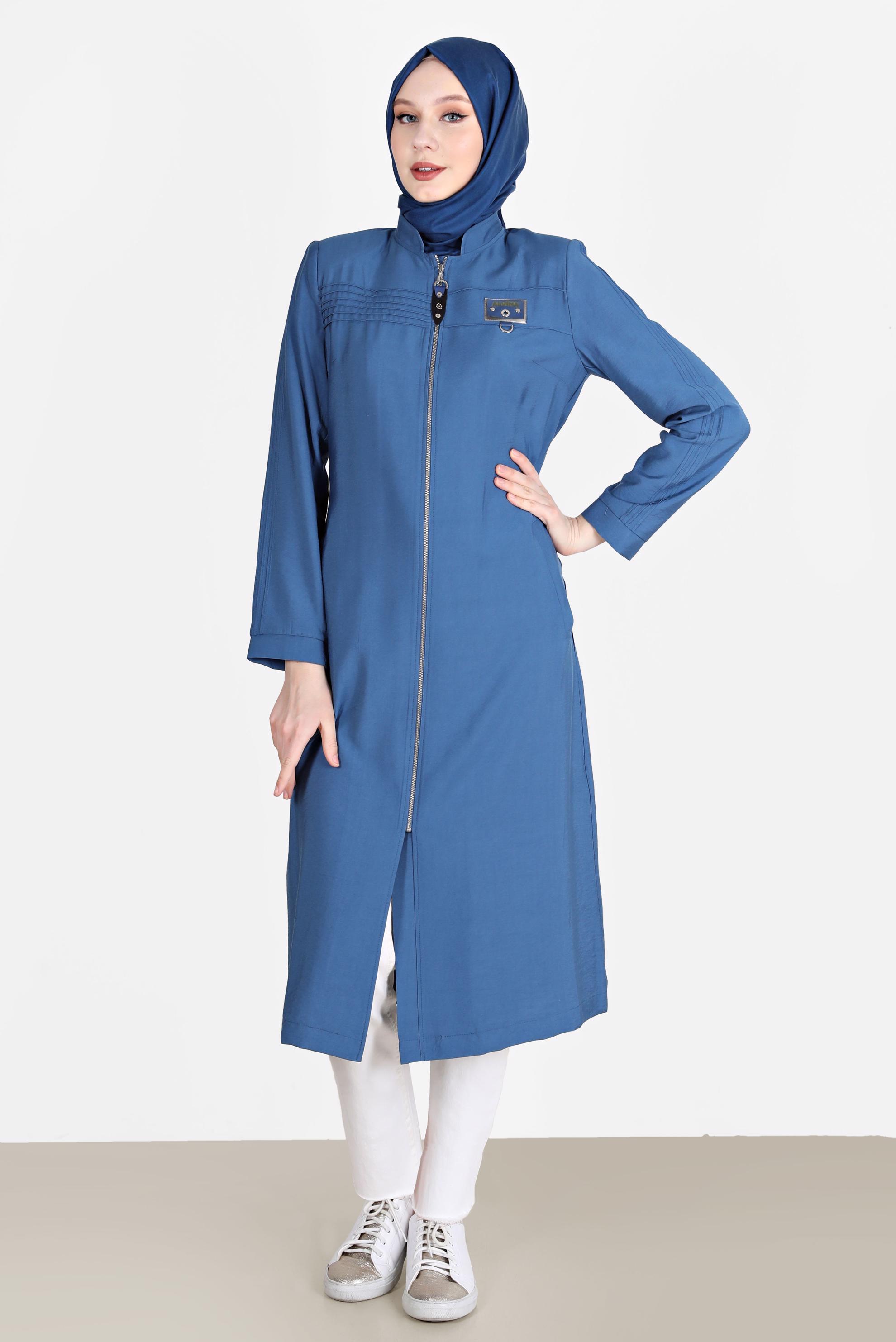 Tesettür giyim LACİVERT KUŞAKLI FERMUARLI TRENÇKOT 10552 