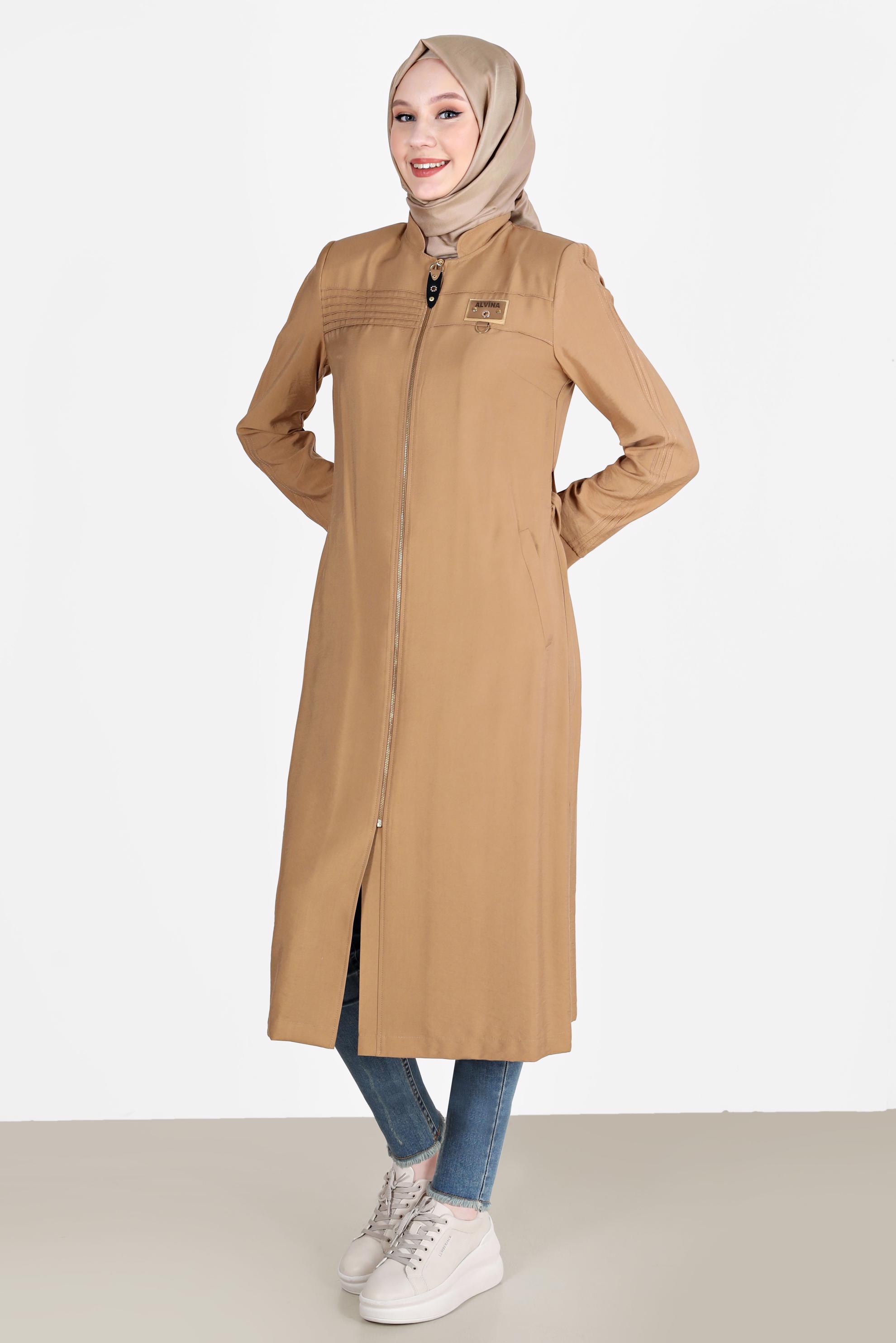 Tesettür giyim TABA KUŞAKLI FERMUARLI TRENÇKOT 10552 