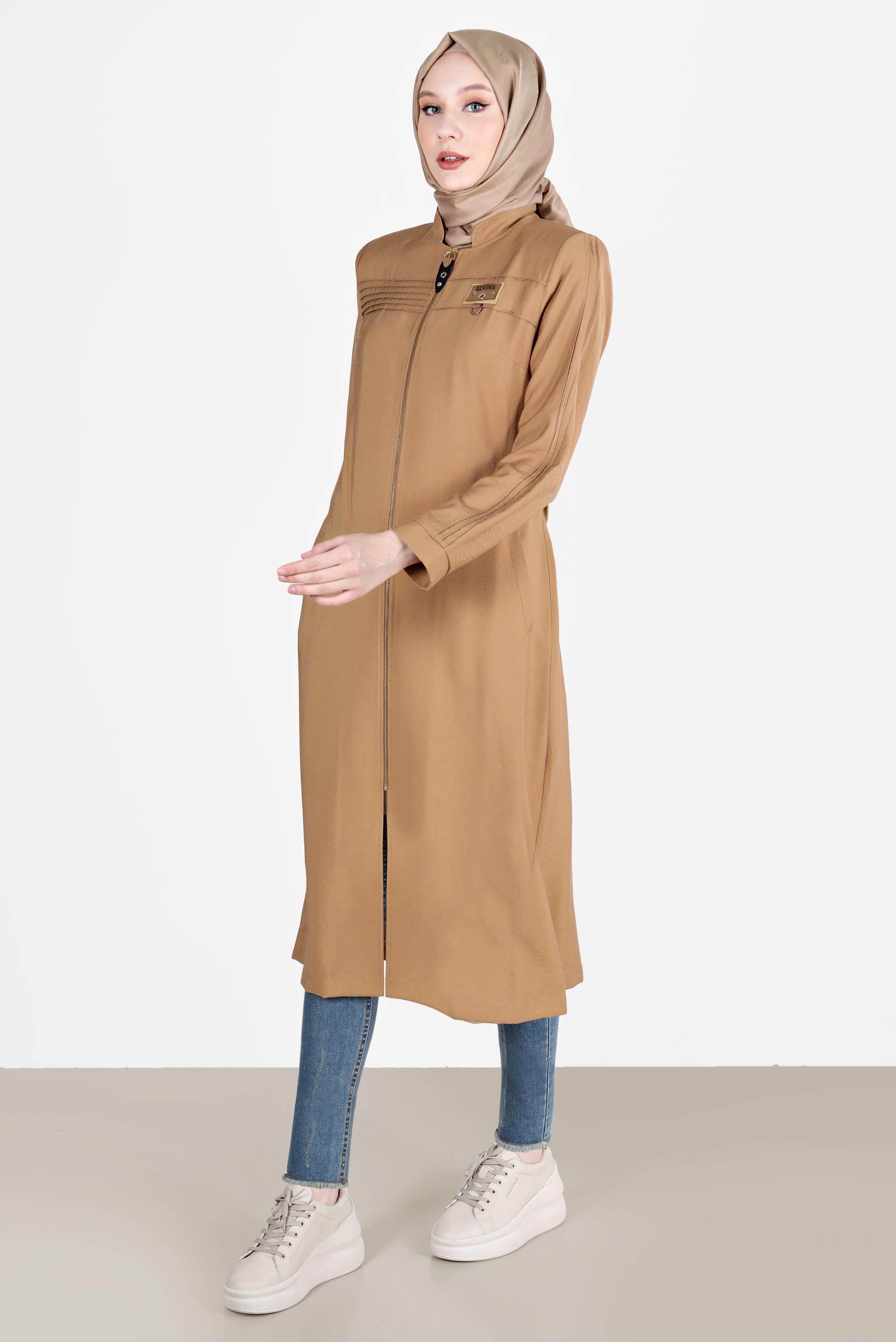 Tesettür giyim TABA KUŞAKLI FERMUARLI TRENÇKOT 10552 