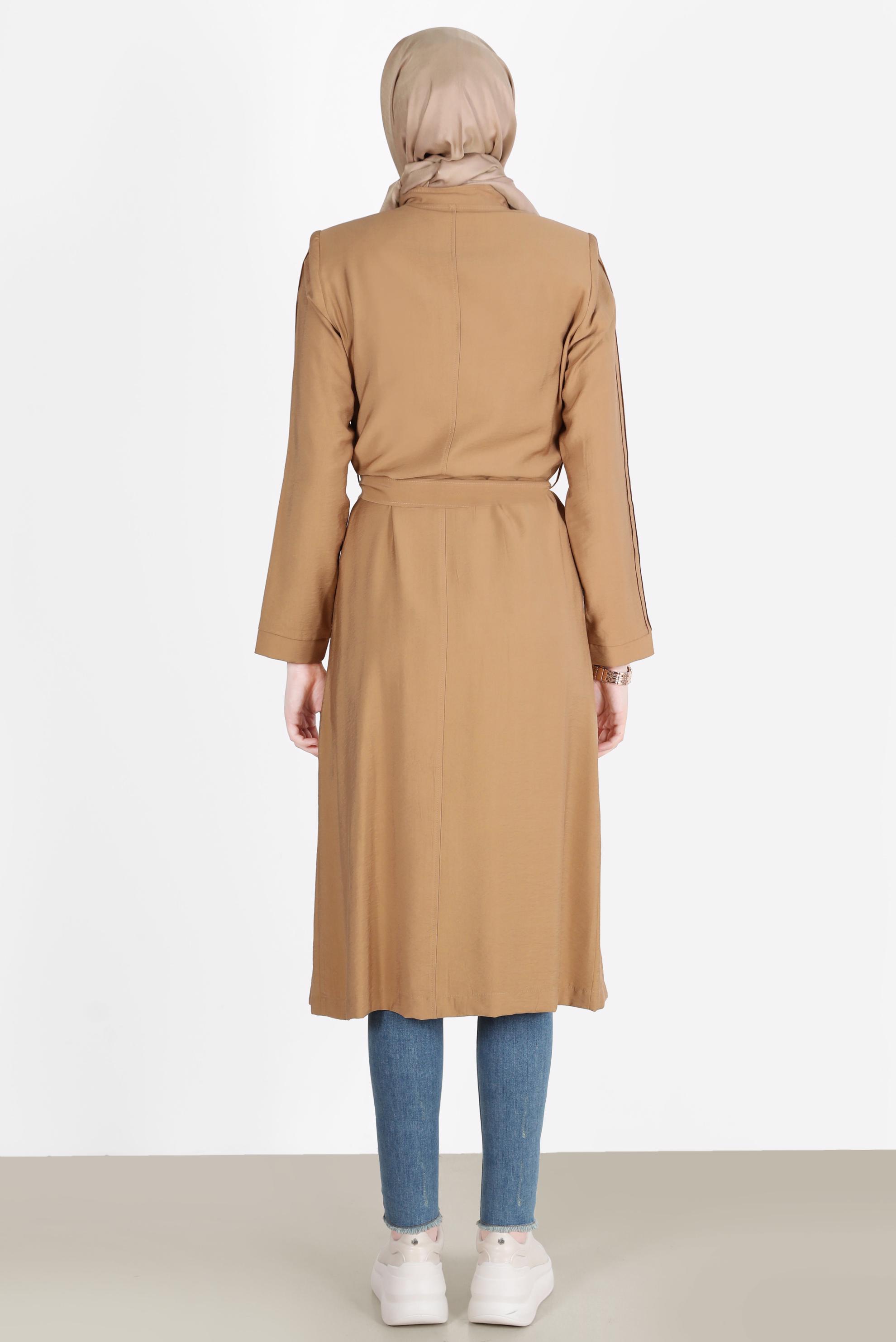 Tesettür giyim TABA KUŞAKLI FERMUARLI TRENÇKOT 10552 