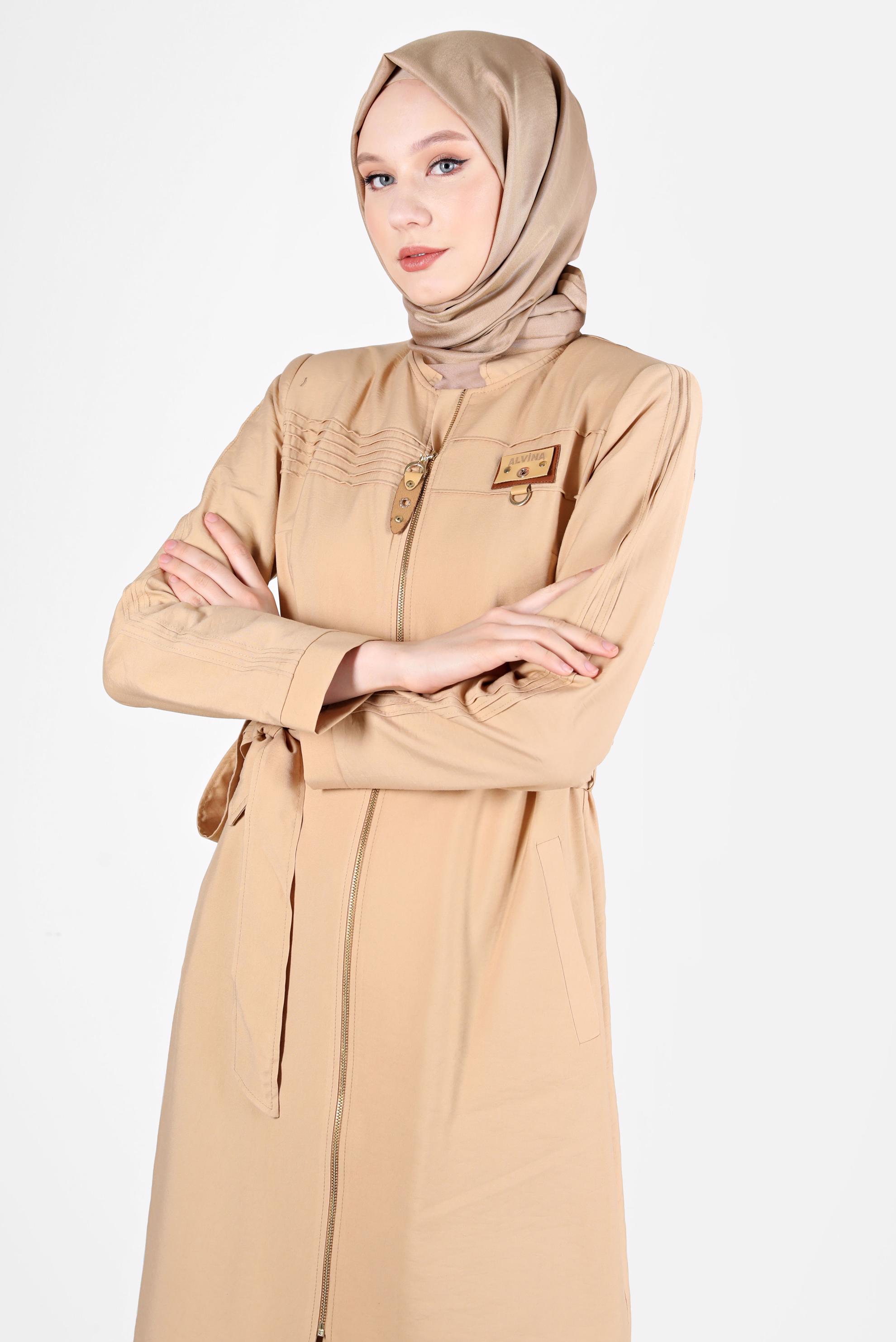 Tesettür giyim KAHVE KUŞAKLI FERMUARLI TRENÇKOT 10552 