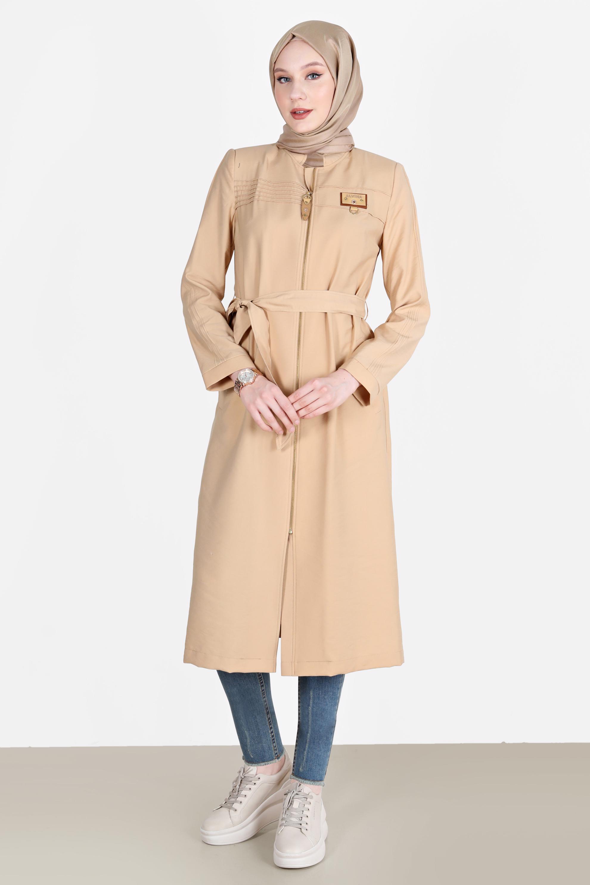 Tesettür giyim KAHVE KUŞAKLI FERMUARLI TRENÇKOT 10552 
