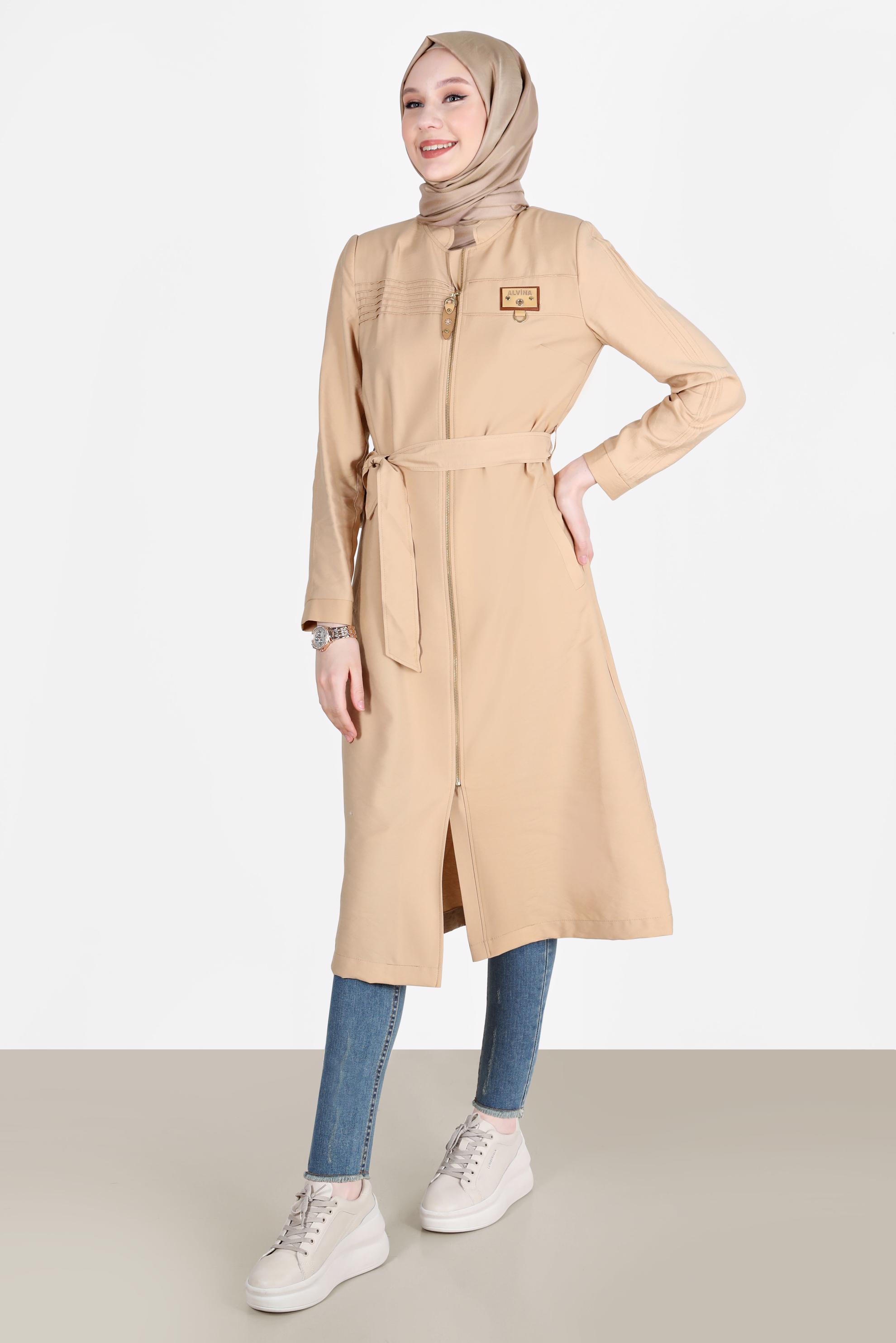 Tesettür giyim KAHVE KUŞAKLI FERMUARLI TRENÇKOT 10552 