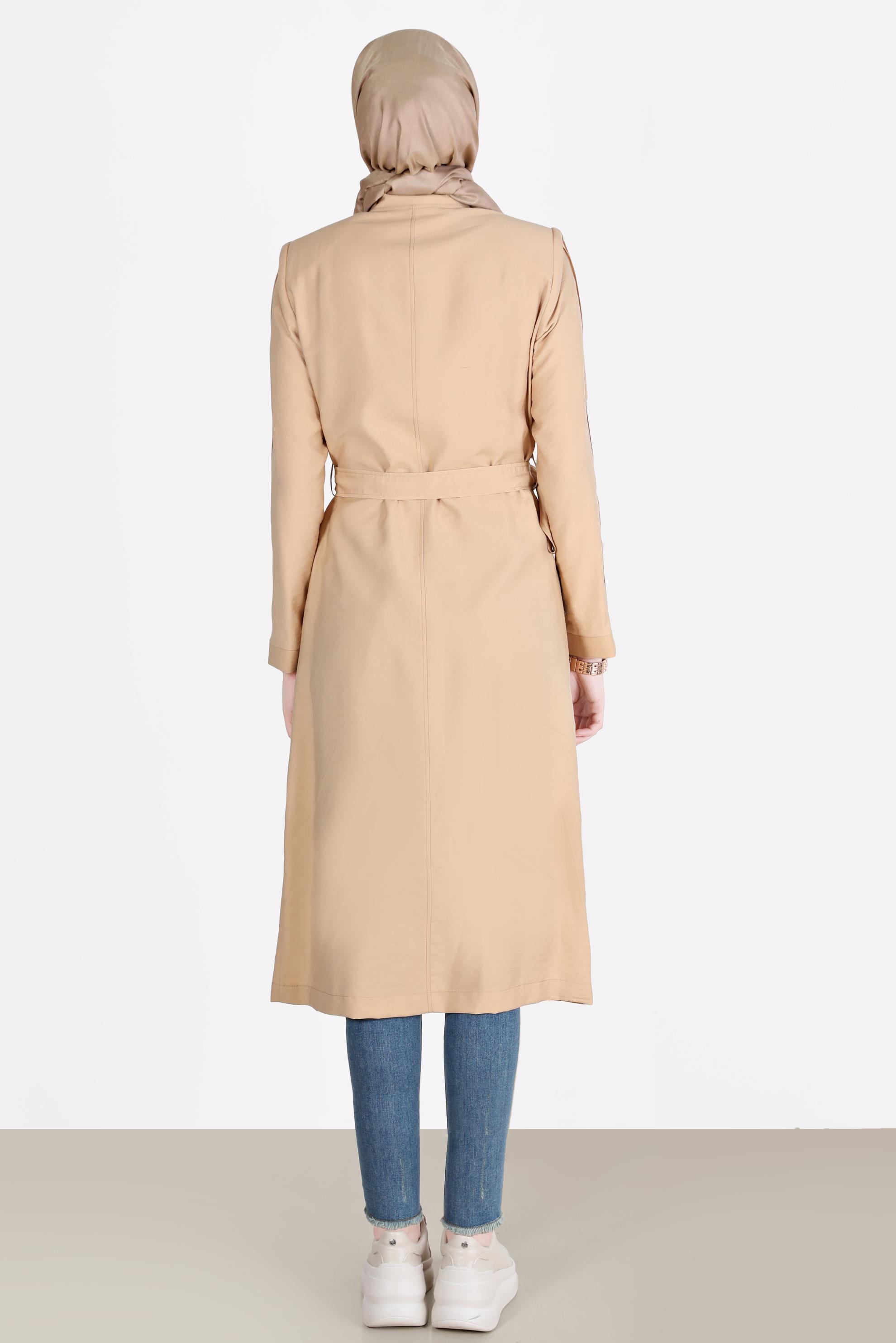 Tesettür giyim KAHVE KUŞAKLI FERMUARLI TRENÇKOT 10552 