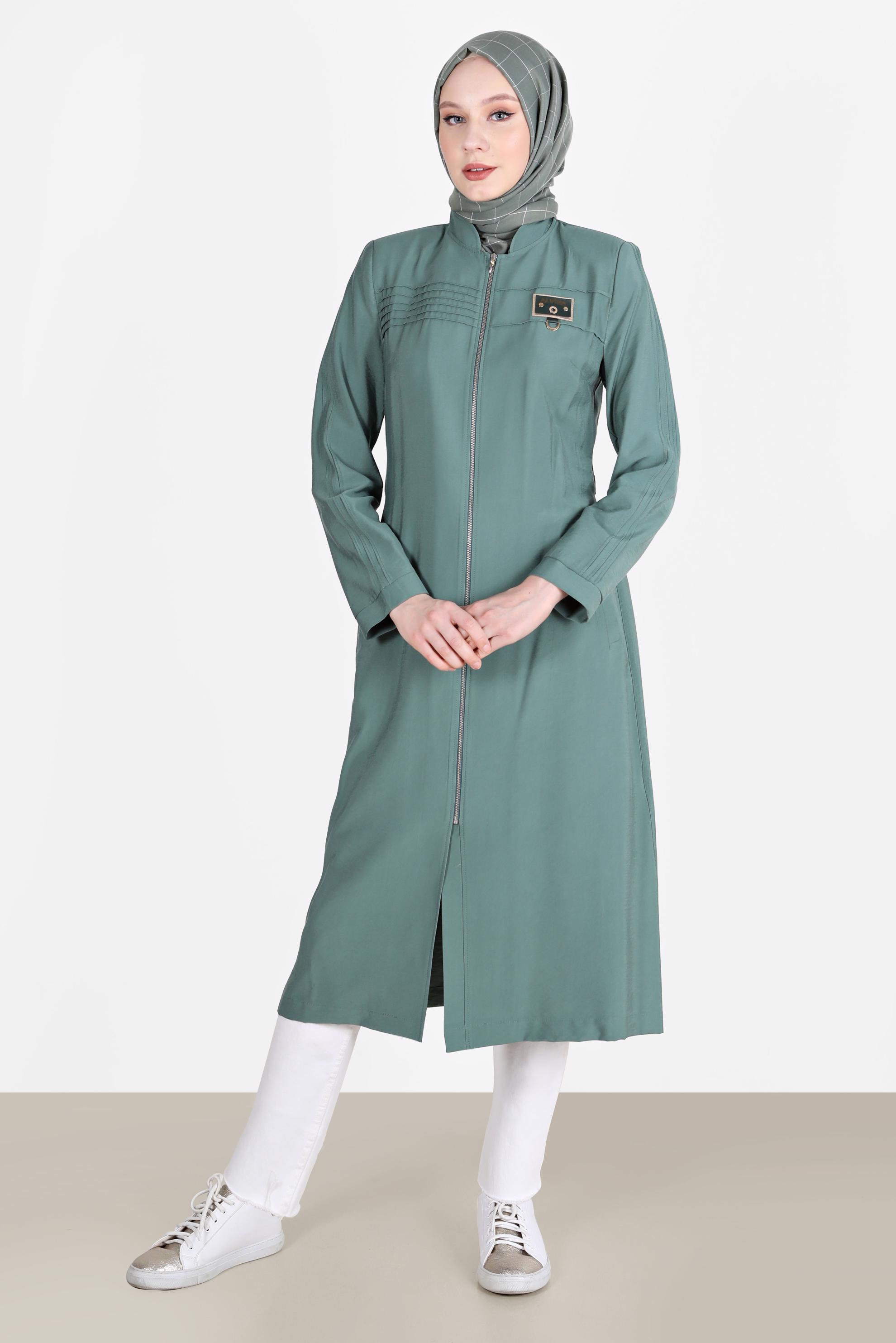 Tesettür giyim YEŞİL KUŞAKLI FERMUARLI TRENÇKOT 10552 