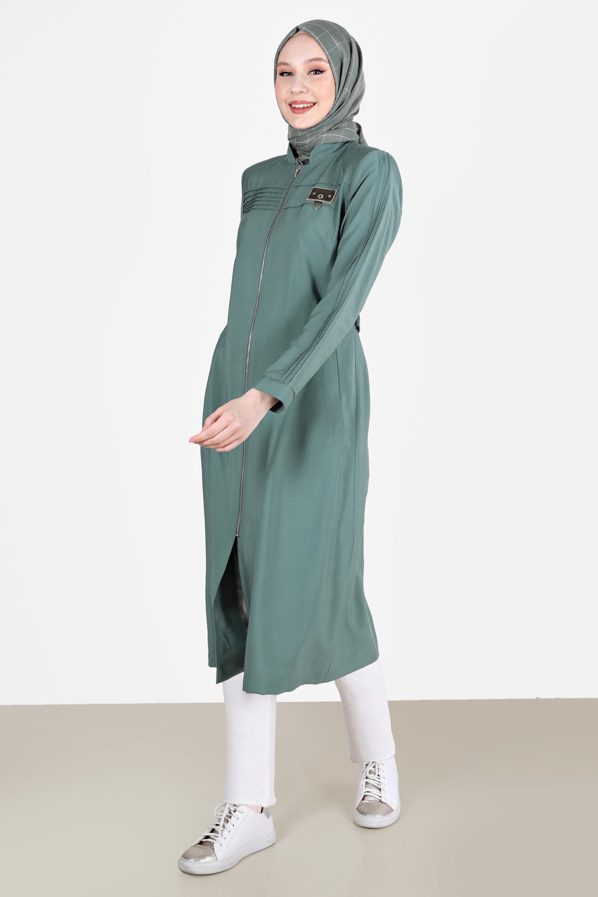 Tesettür giyim YEŞİL KUŞAKLI FERMUARLI TRENÇKOT 10552 