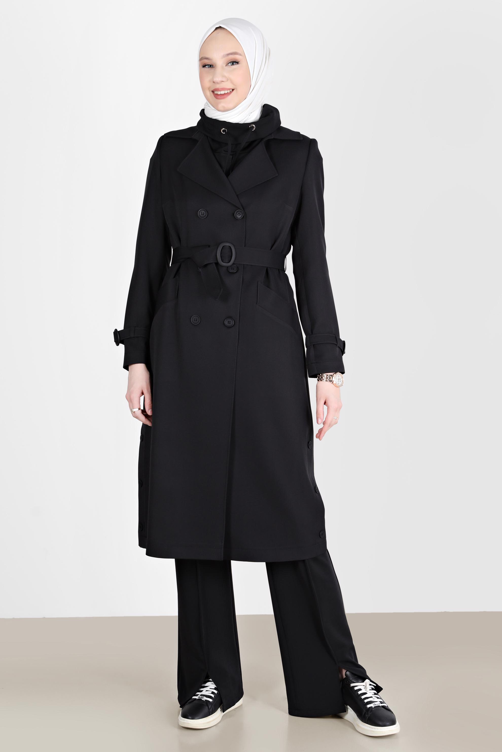 Tesettür giyim SİYAH DÜĞMELİ KUŞAKLI KRUVAZE YAKA TRENÇKOT 10559 