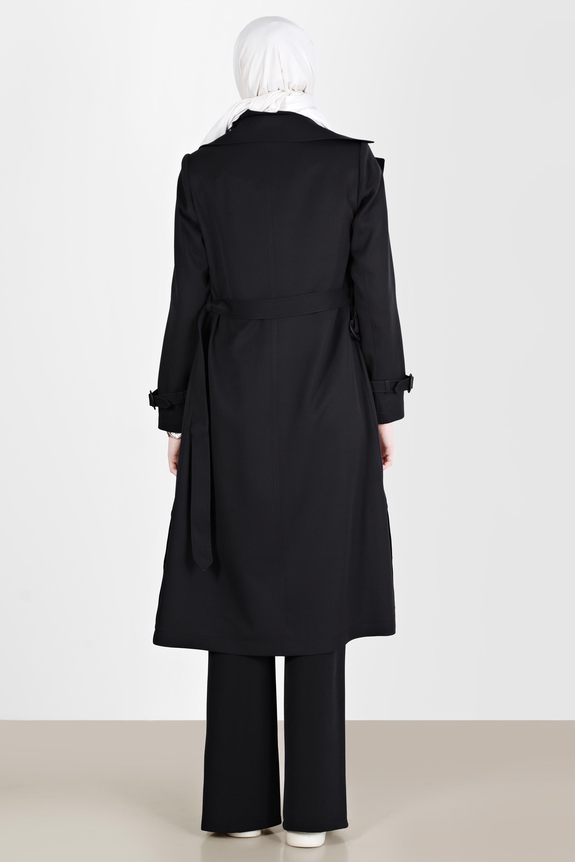 Tesettür giyim SİYAH DÜĞMELİ KUŞAKLI KRUVAZE YAKA TRENÇKOT 10559 