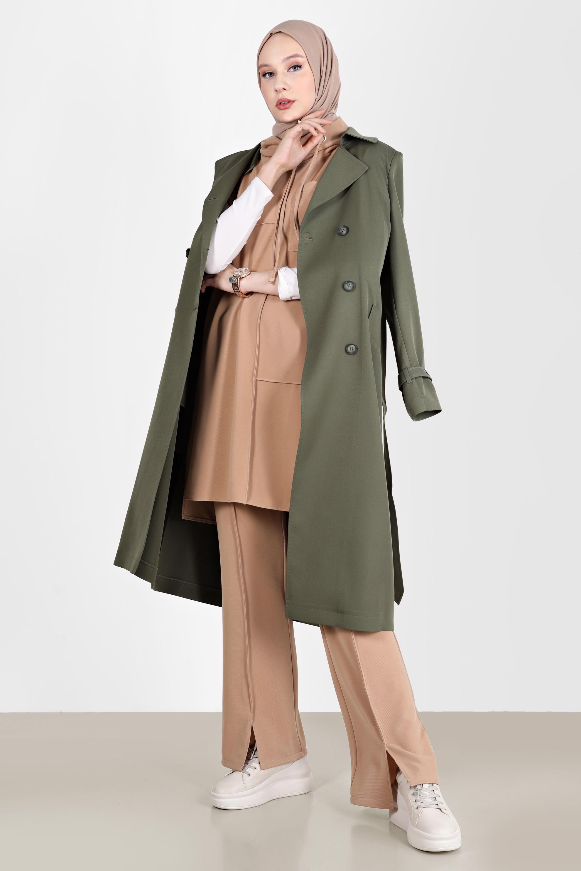 Tesettür giyim HAKİ DÜĞMELİ KUŞAKLI KRUVAZE YAKA TRENÇKOT 10559 