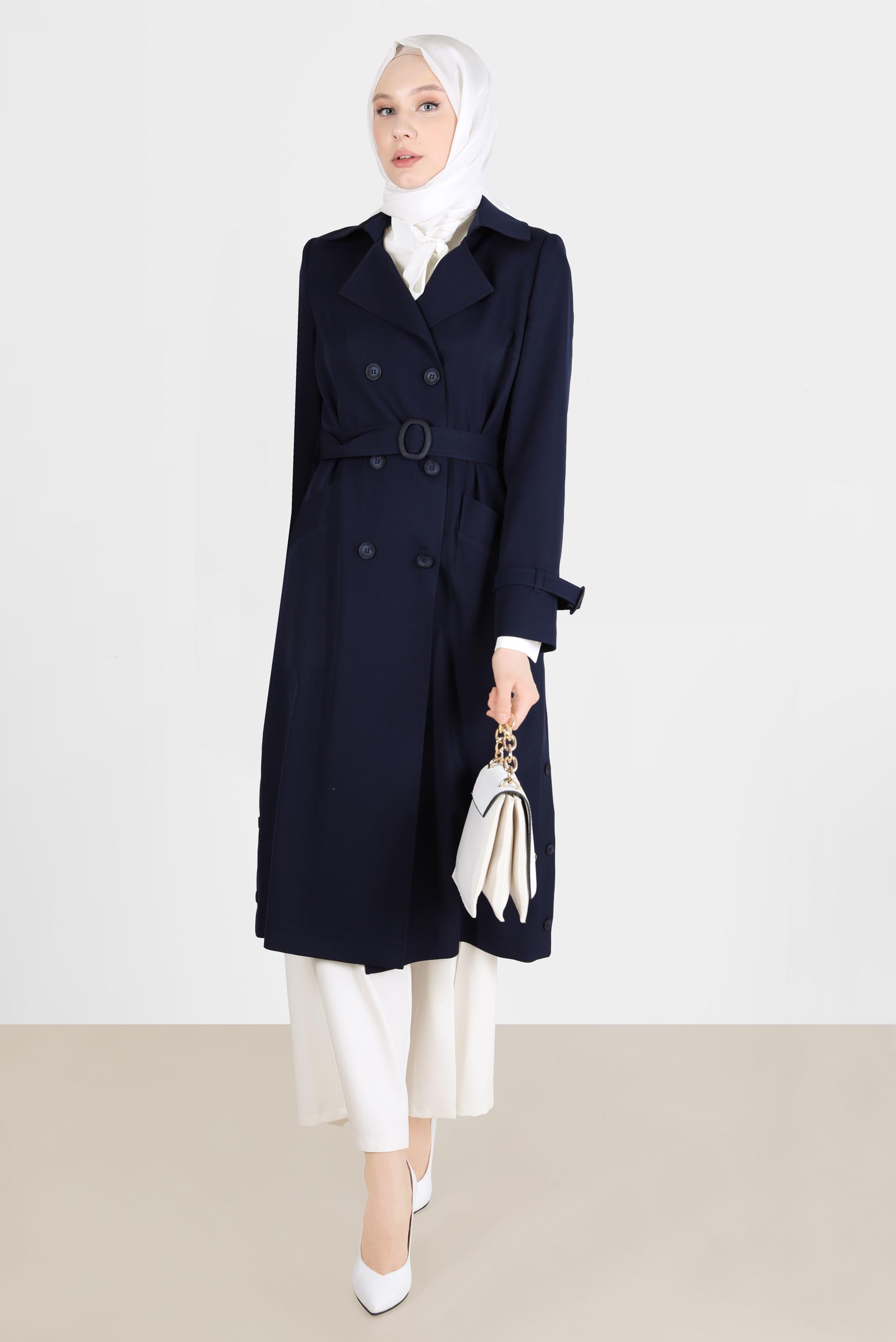 Hijab clothing NAVY BLUE BUTTONED BELTED DOUBLE BREASTED TRENCH COAT 10559 