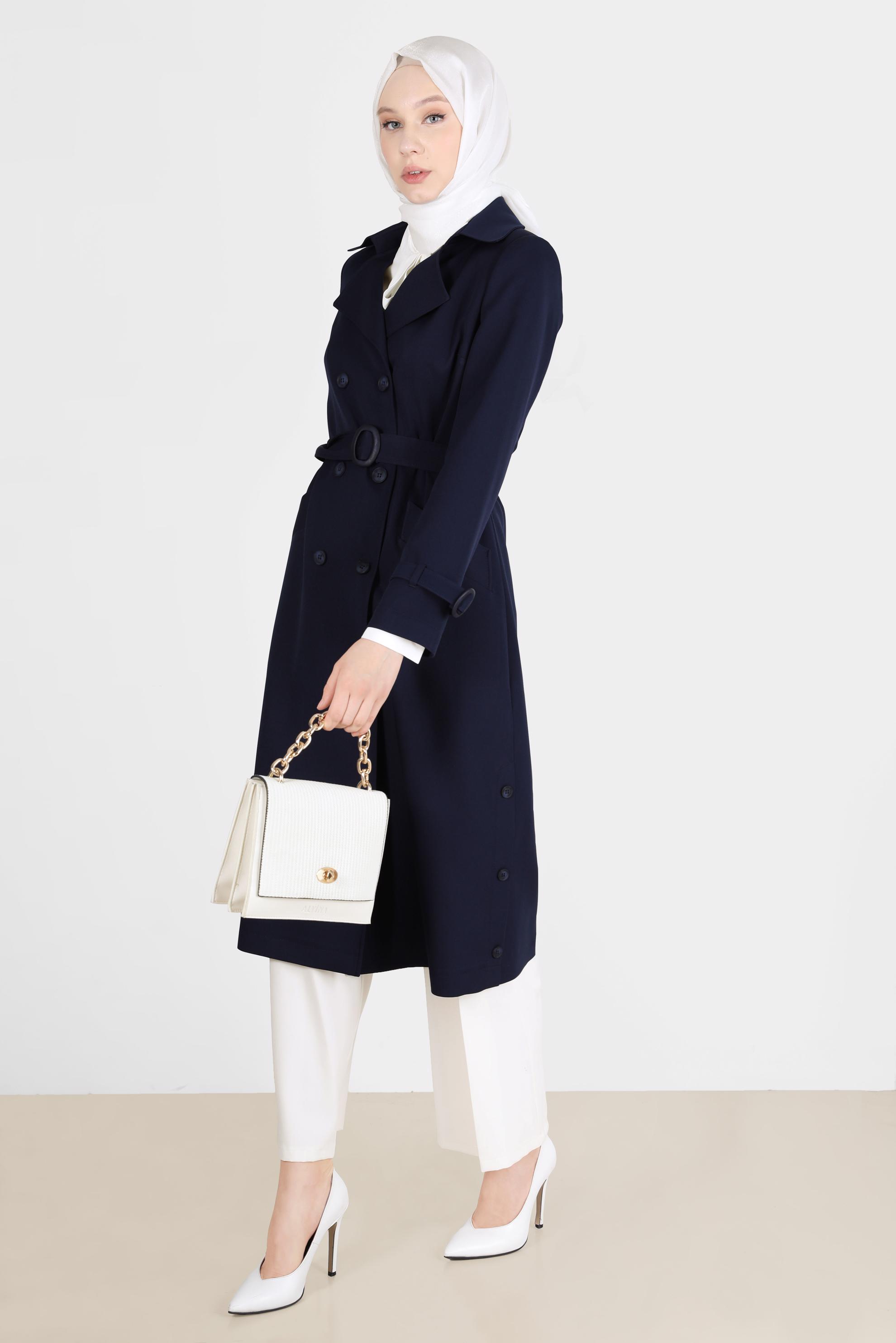 Hijab clothing NAVY BLUE BUTTONED BELTED DOUBLE BREASTED TRENCH COAT 10559 