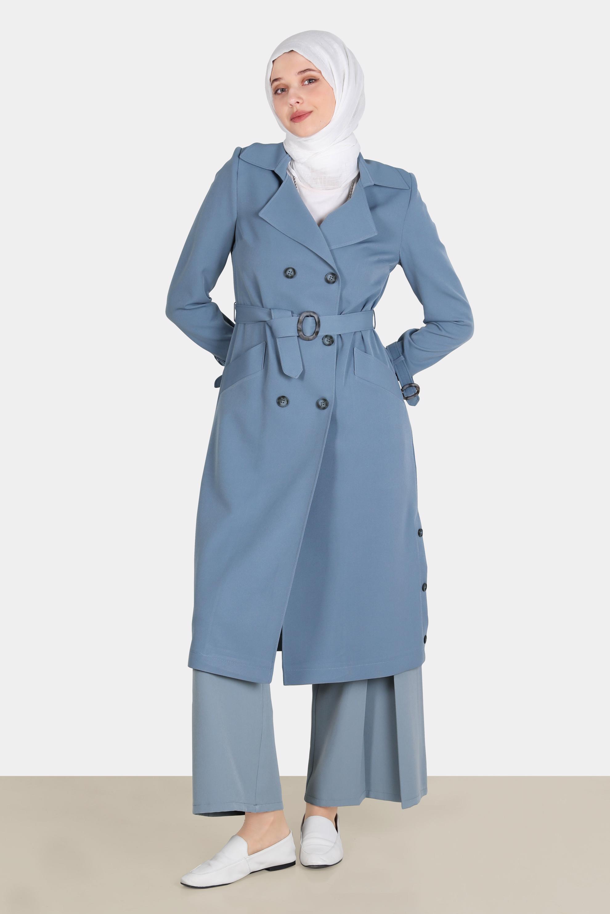 Tesettür giyim MAVİ DÜĞMELİ KUŞAKLI KRUVAZE YAKA TRENÇKOT 10559 