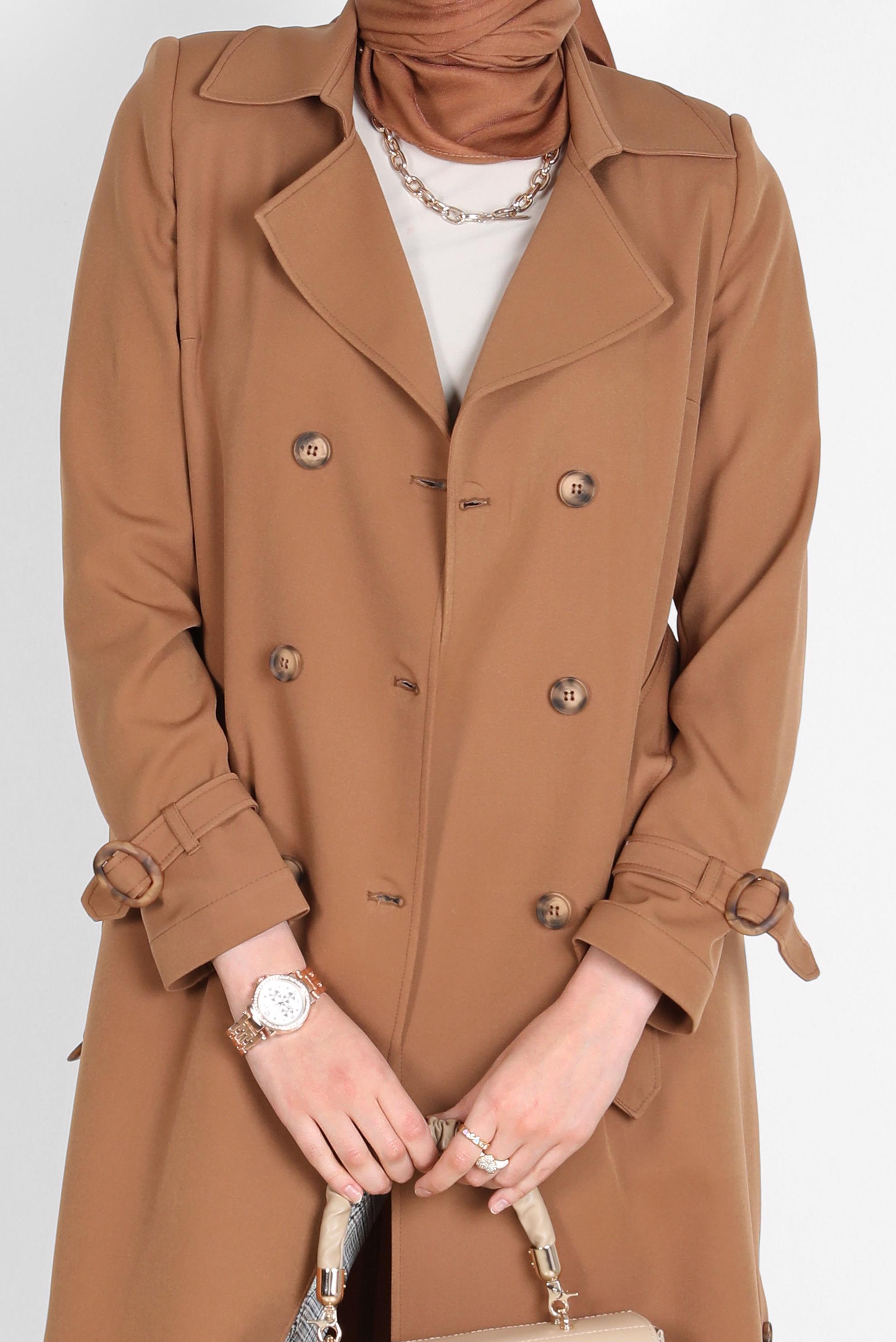 Tesettür giyim KAHVE DÜĞMELİ KUŞAKLI KRUVAZE YAKA TRENÇKOT 10559 
