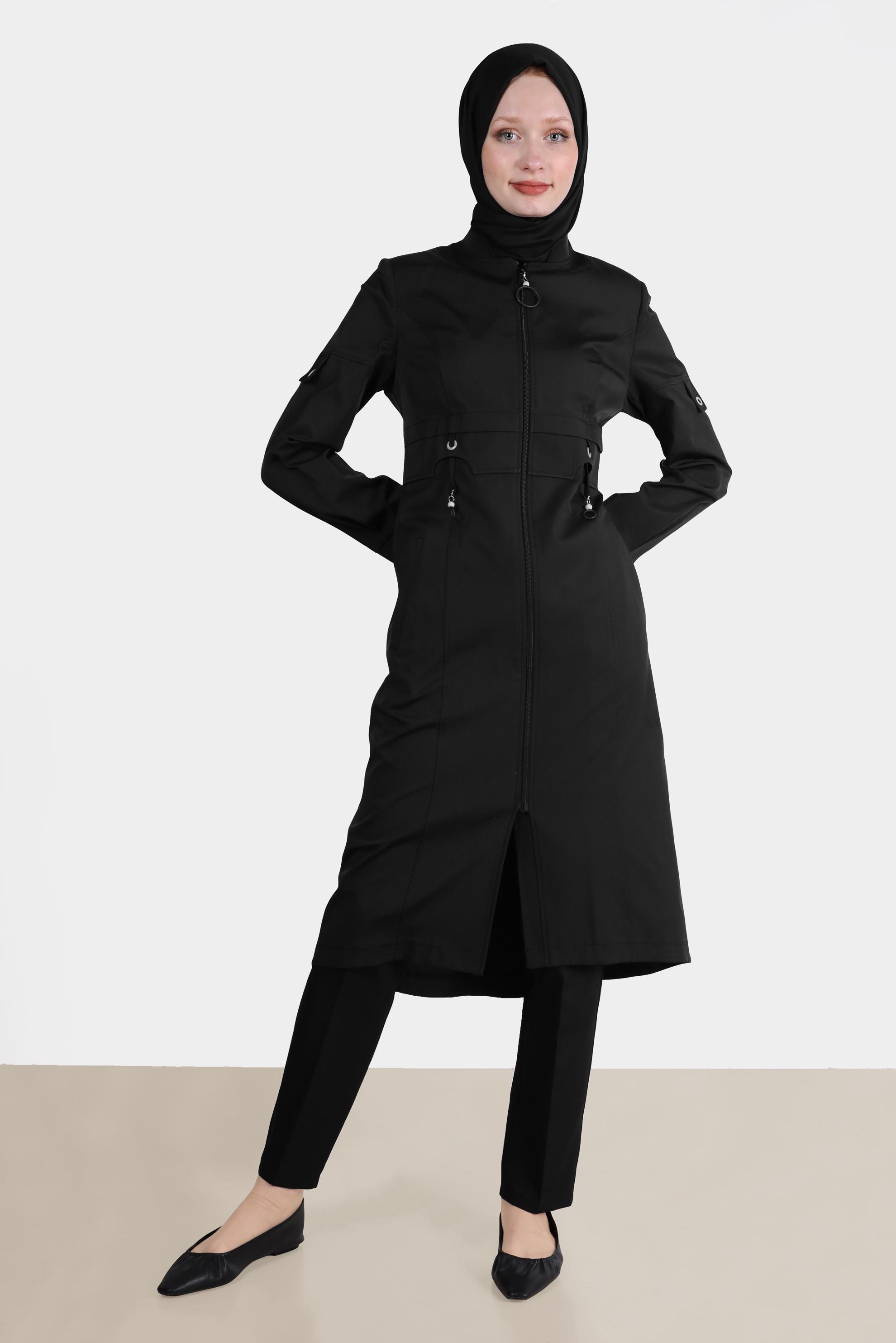 Tesettür giyim SİYAH KUŞGÖZÜ DETAYLI FERMUARLI TRENÇKOT 10561 