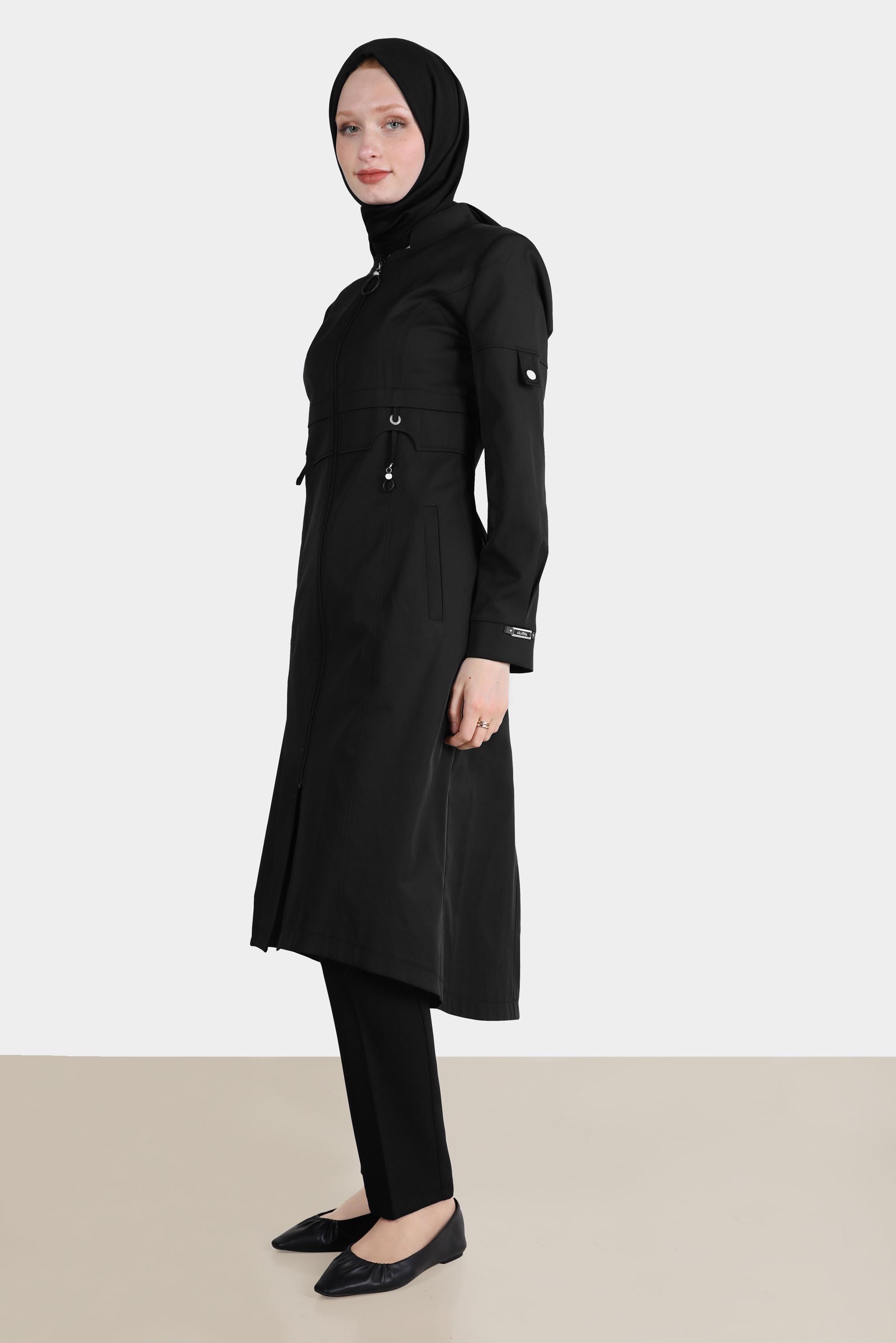 Tesettür giyim SİYAH KUŞGÖZÜ DETAYLI FERMUARLI TRENÇKOT 10561 