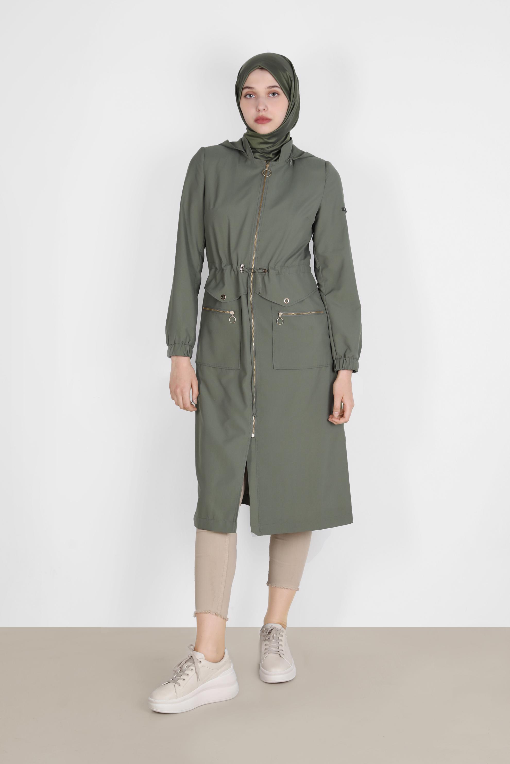Hijab clothing KHAKI EYELET DETAIL ZIPPERED TRENCH COAT 10561 