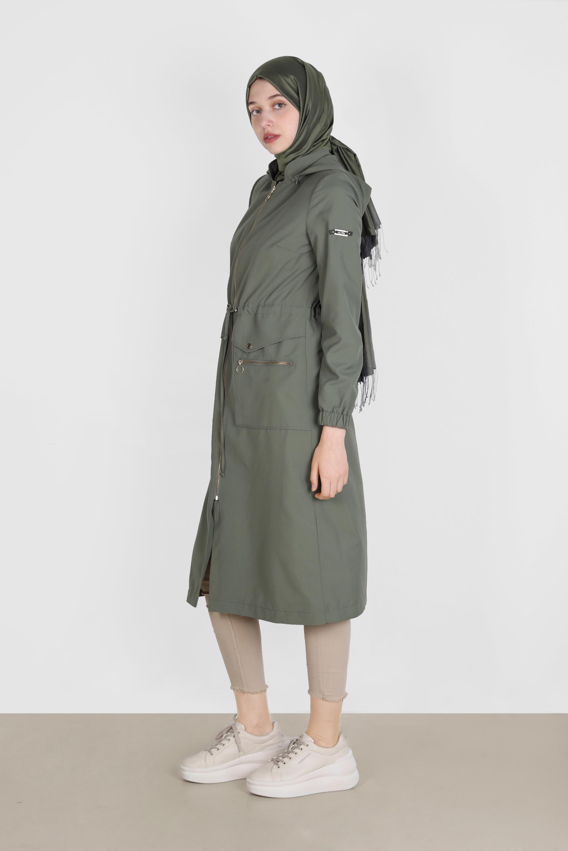 Hijab clothing KHAKI EYELET DETAIL ZIPPERED TRENCH COAT 10561 