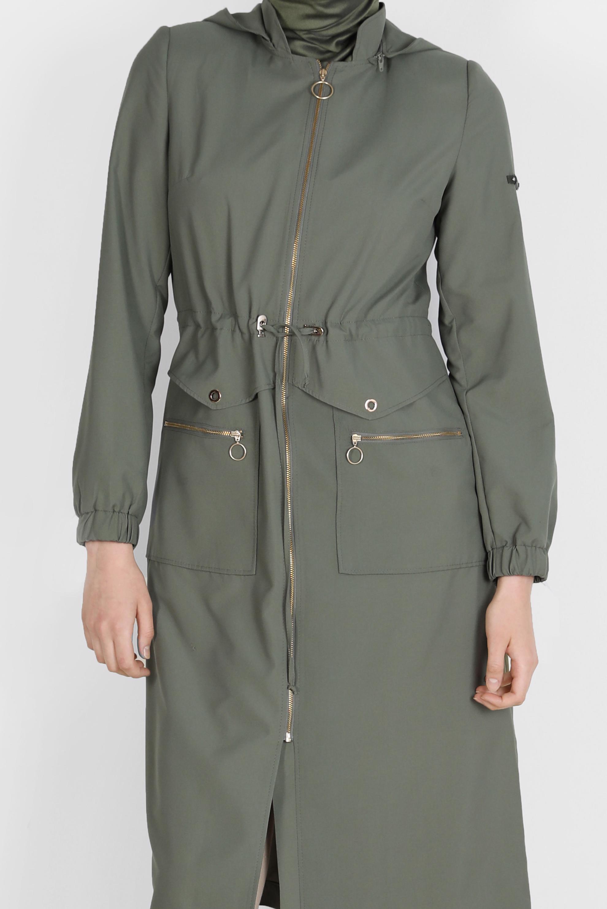 Hijab clothing KHAKI EYELET DETAIL ZIPPERED TRENCH COAT 10561 