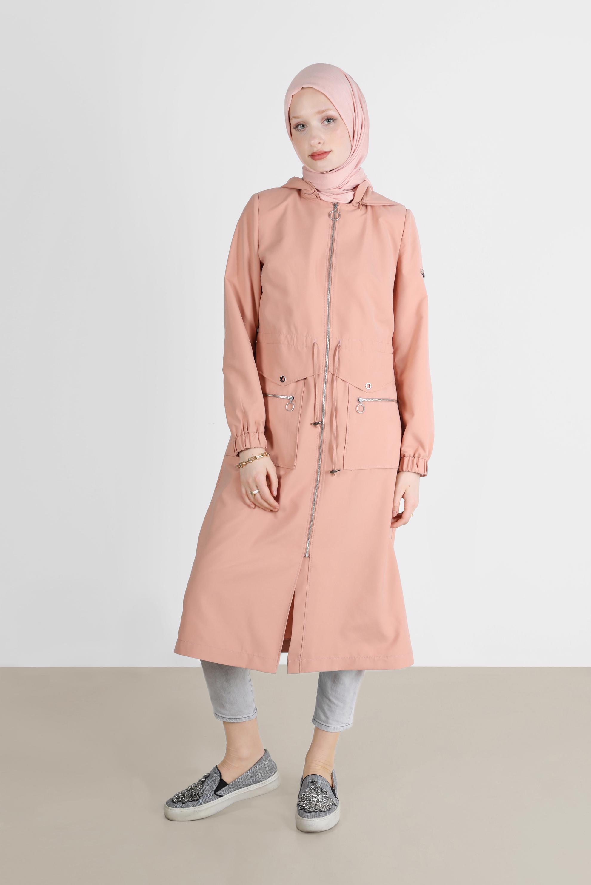 Hijab clothing POWDER EYELET DETAIL ZIPPERED TRENCH COAT 10561 