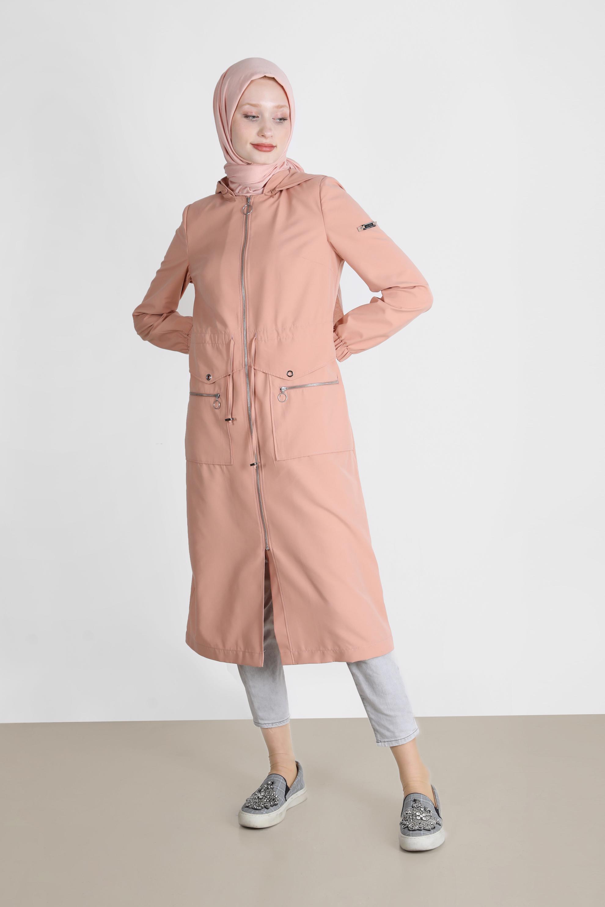 Hijab clothing POWDER EYELET DETAIL ZIPPERED TRENCH COAT 10561 
