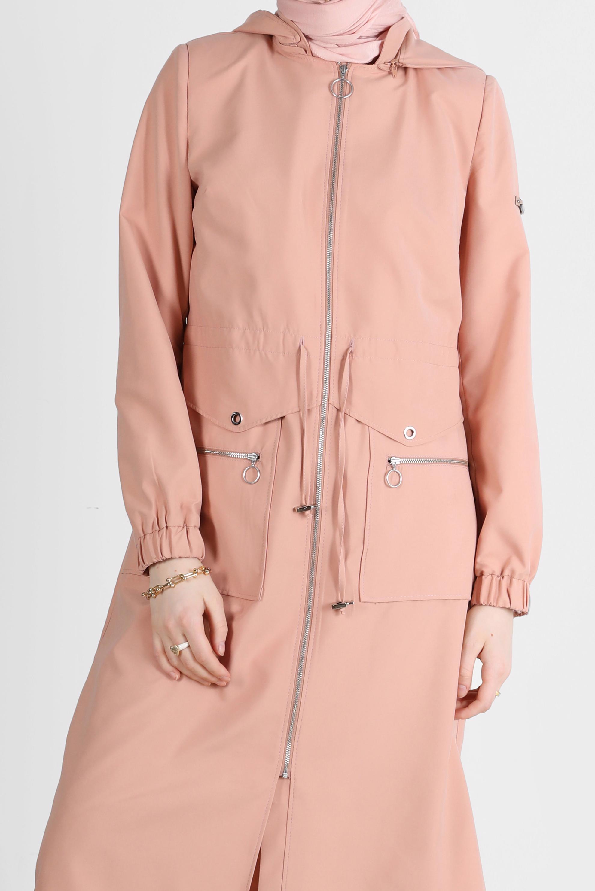 Hijab clothing POWDER EYELET DETAIL ZIPPERED TRENCH COAT 10561 