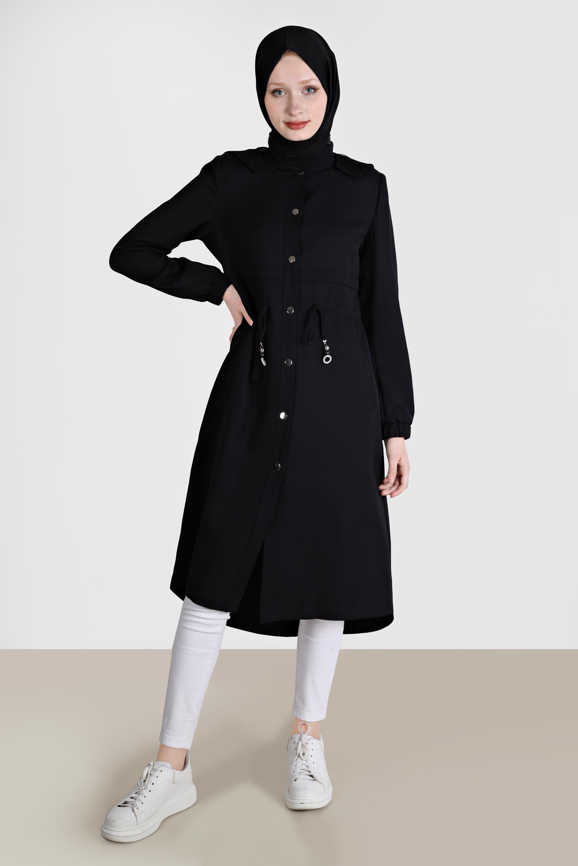 Tesettür giyim SİYAH BELİ BÜZGÜLÜ KAPÜŞONLU TRENÇKOT 10562