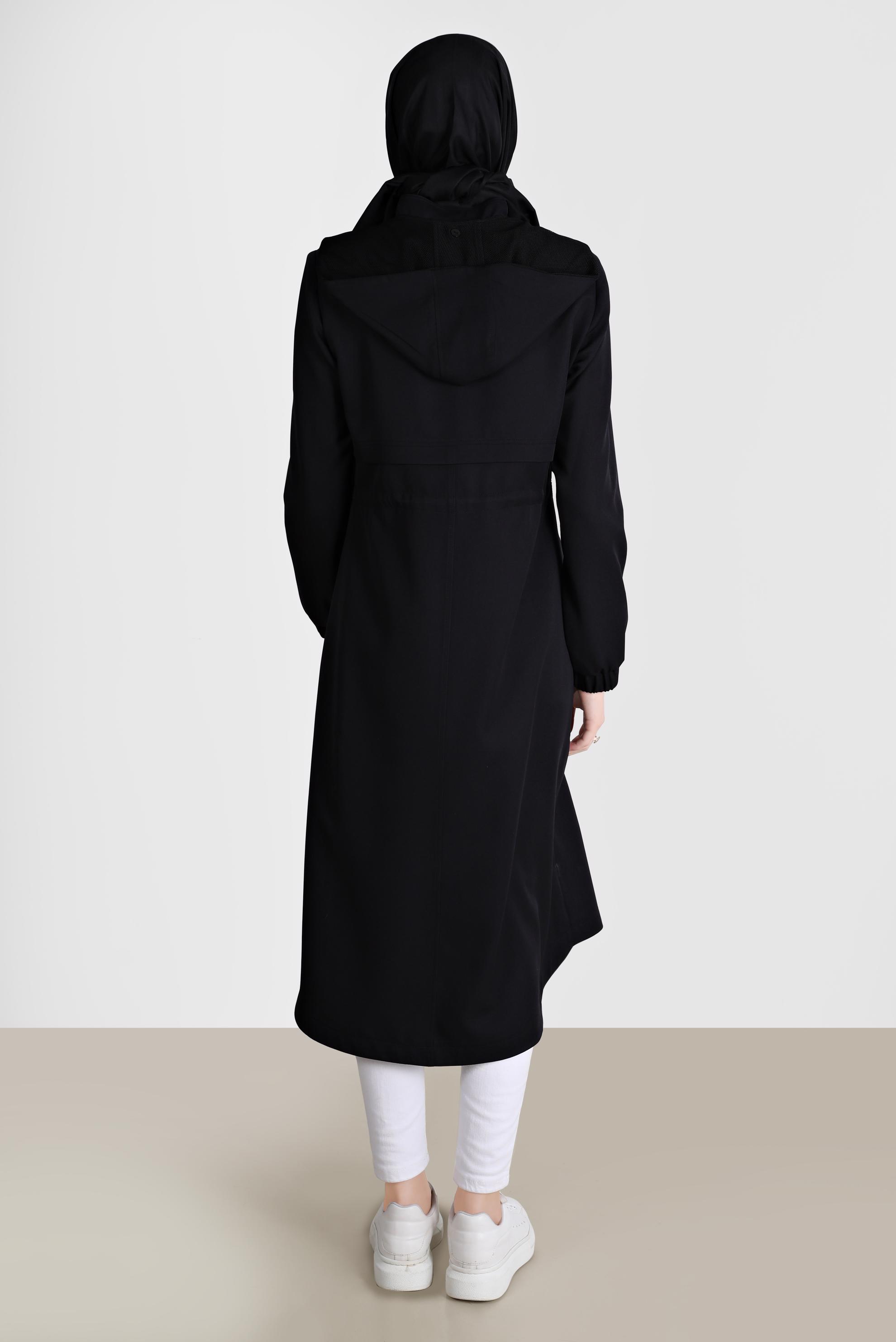 Tesettür giyim SİYAH BELİ BÜZGÜLÜ KAPÜŞONLU TRENÇKOT 10562